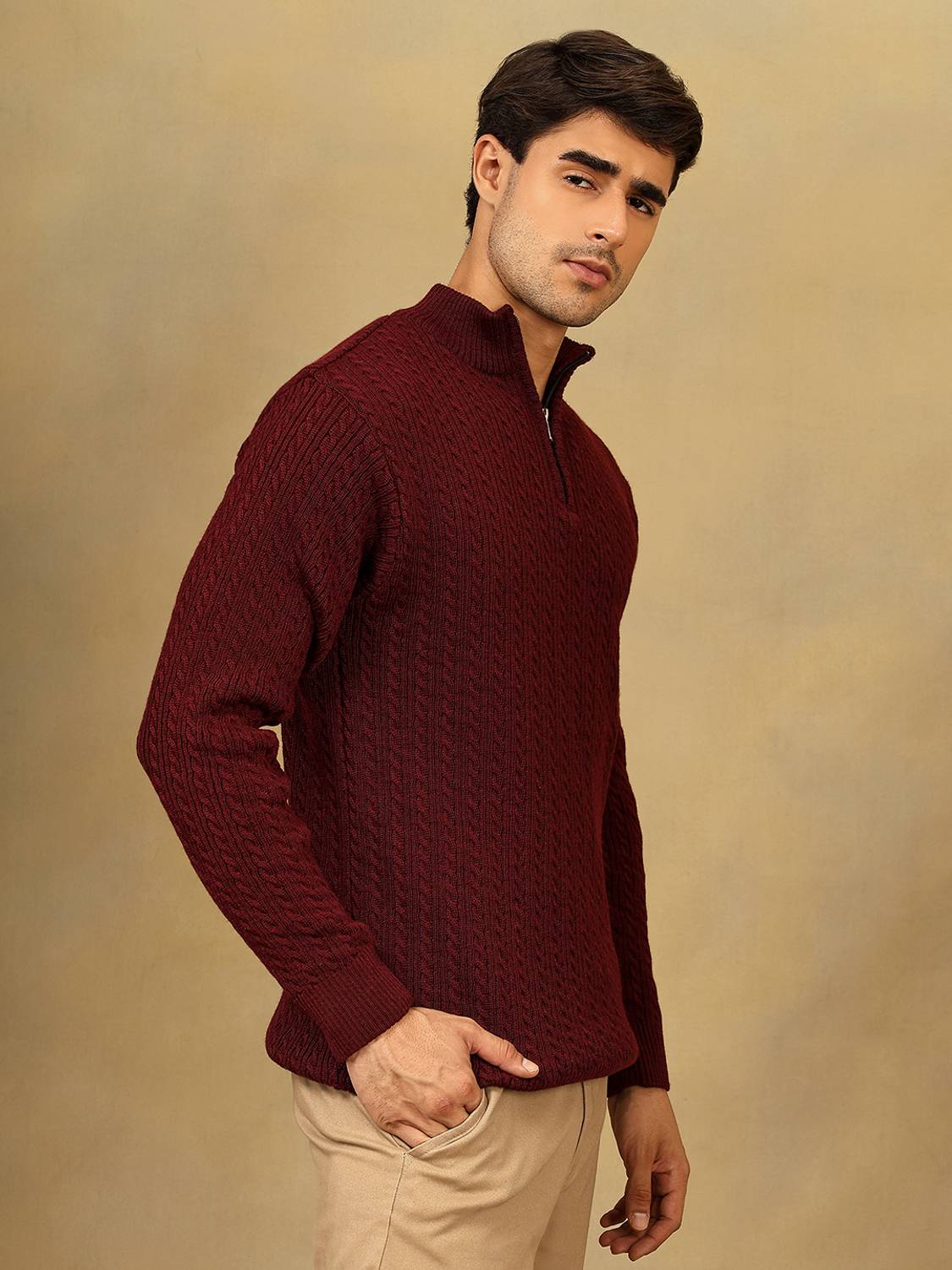 KVETOO Maroon Mandarin Neck Men's Sweater - Image 4