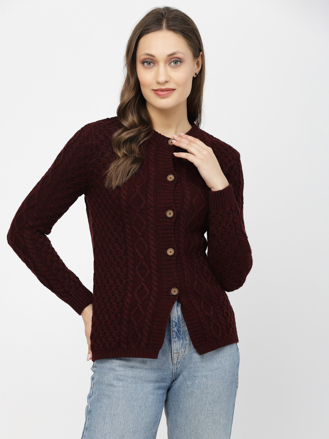 Image of KALT Self Design Round Neck Casual Women Maroon Sweater