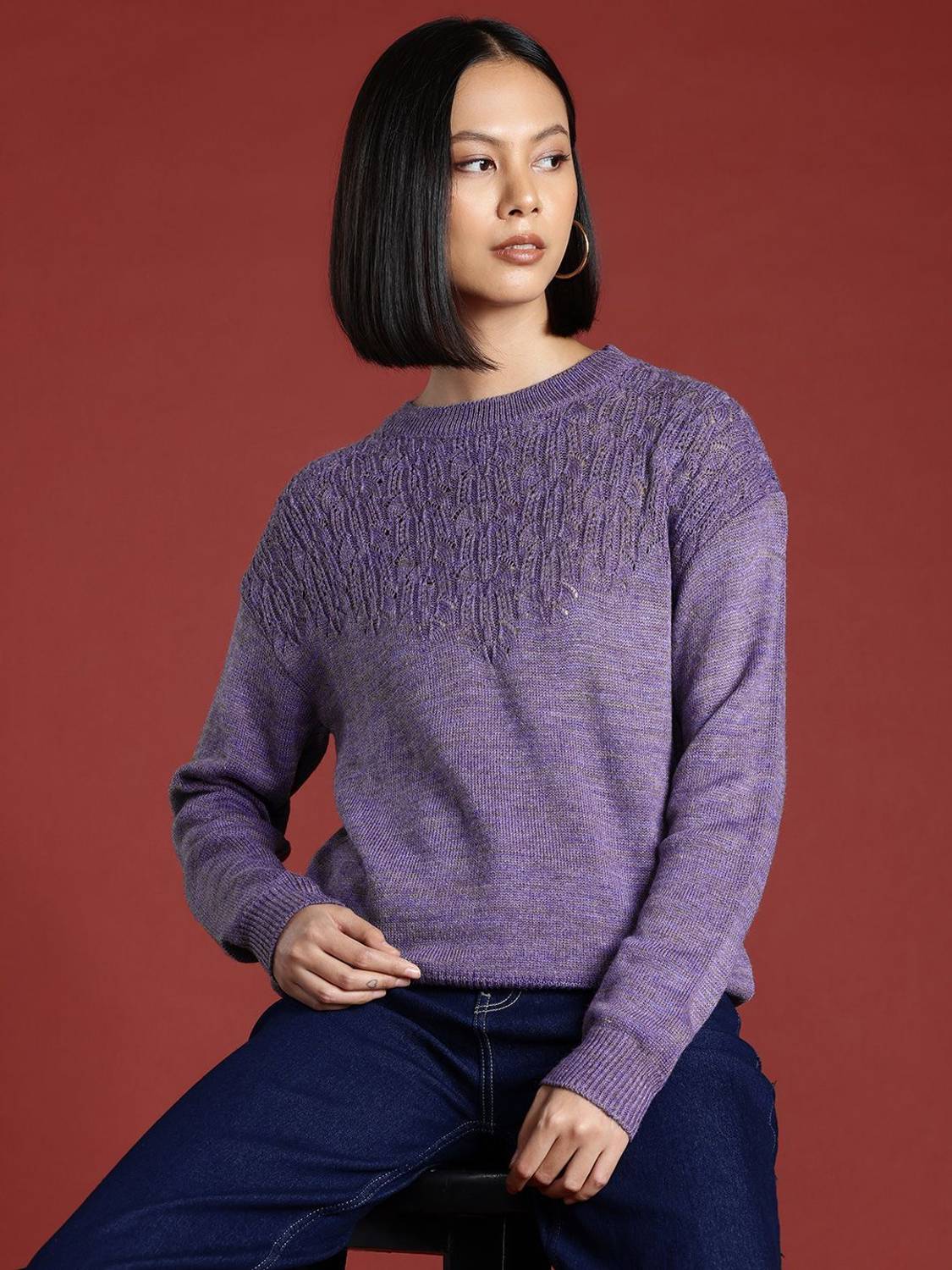 all about you Self Design Round Neck Casual Women Purple Sweater