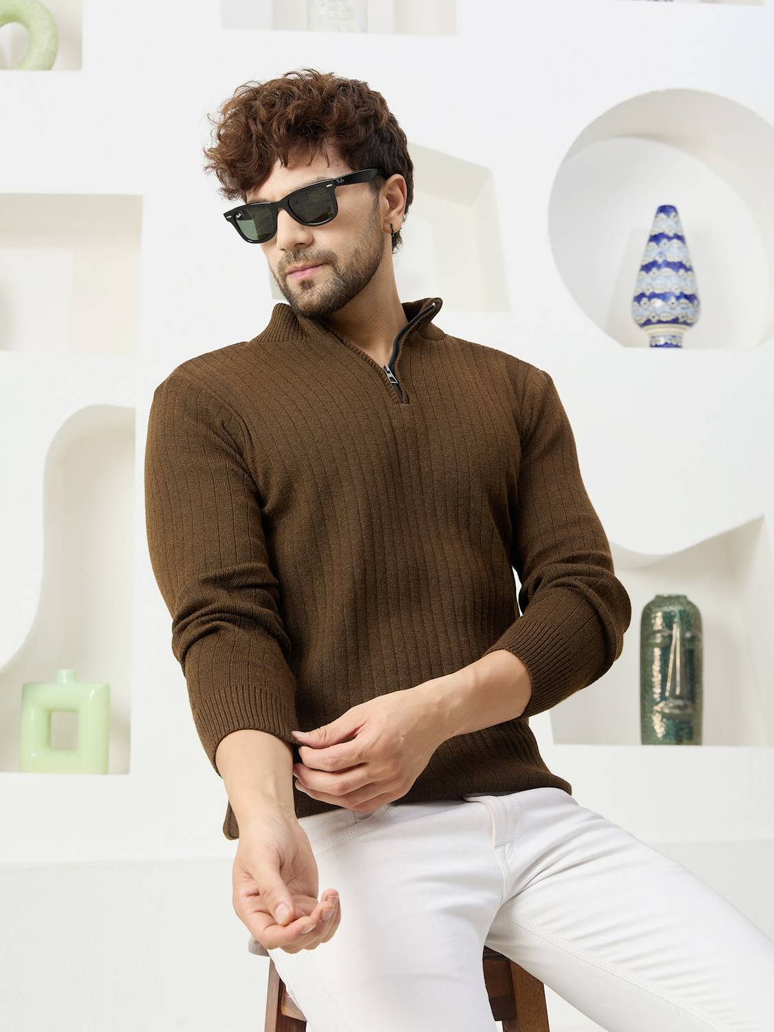 KVETOO Men Brown High Neck Casual Sweater - Image 1