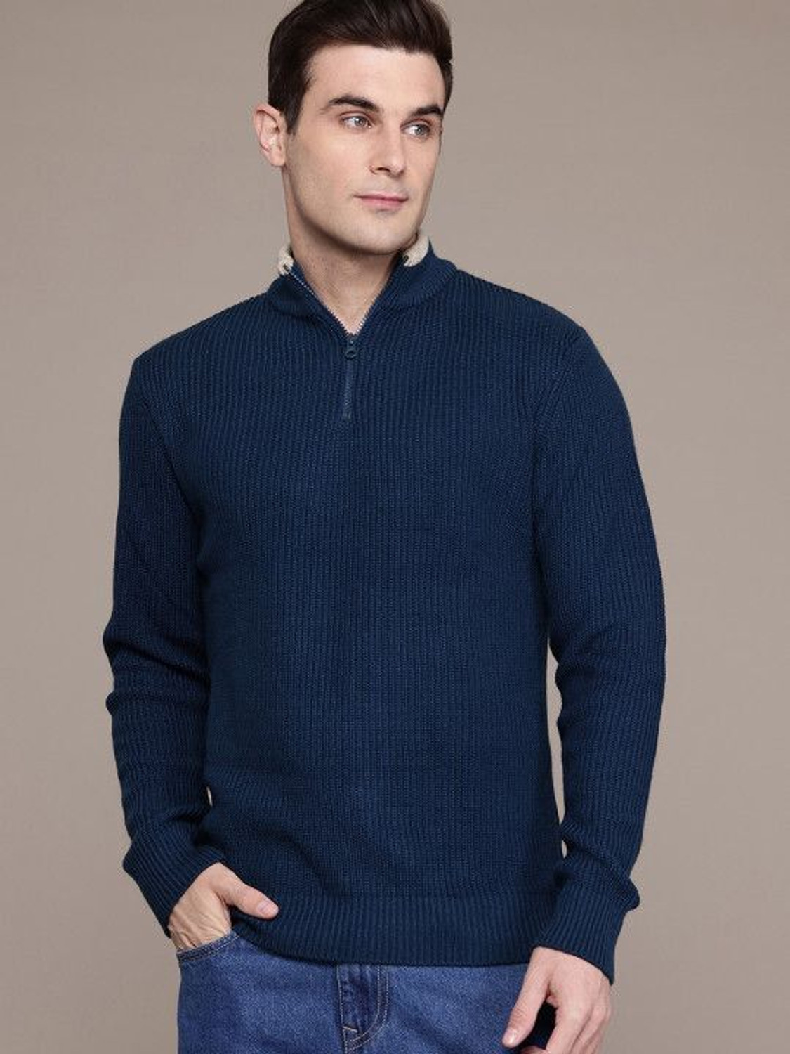 Image of Roadster Solid High Neck Casual Men Grey Sweater