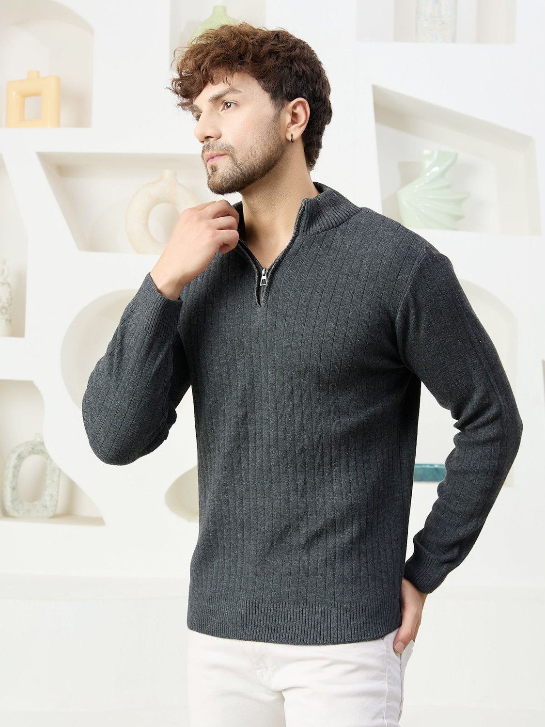 Image of KaramKar Self Design High Neck Casual Men Grey Sweater