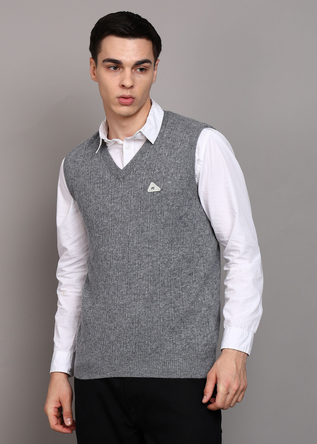 Image of MONTE CARLO Self Design V Neck Casual Men Grey Sweater