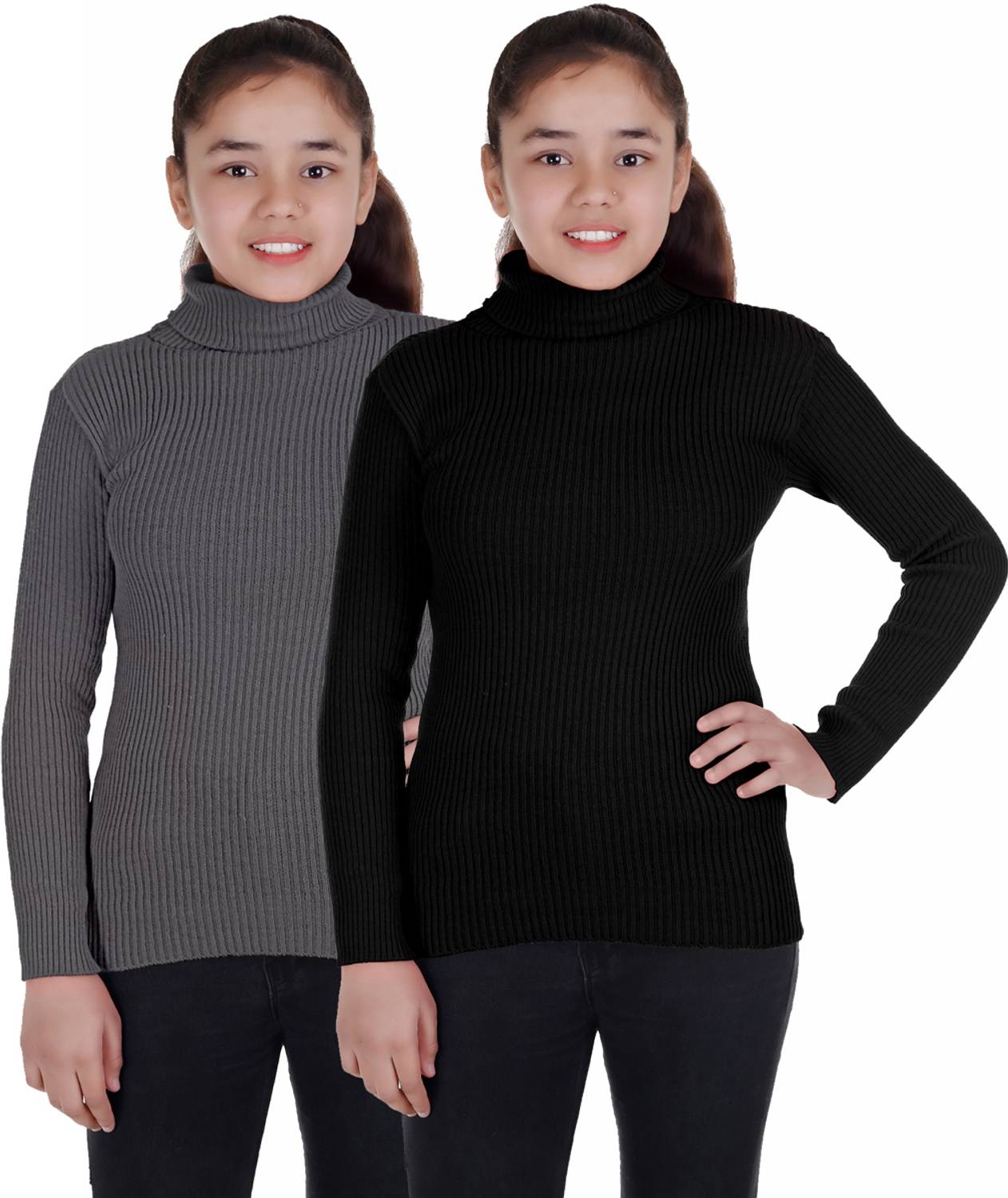 100LUCK Self Design High Neck Casual Boys & Girls Black, Grey Sweater