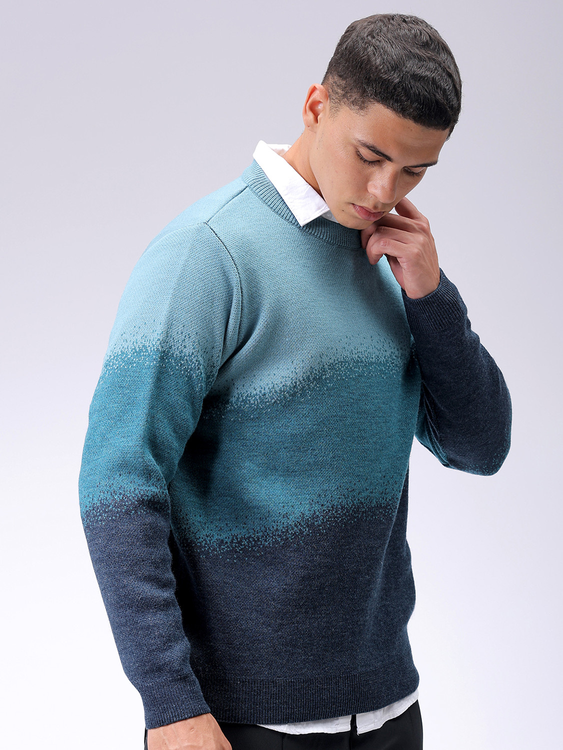 Image of The Indian Garage Co. Self Design Crew Neck Casual Men Blue Sweater
