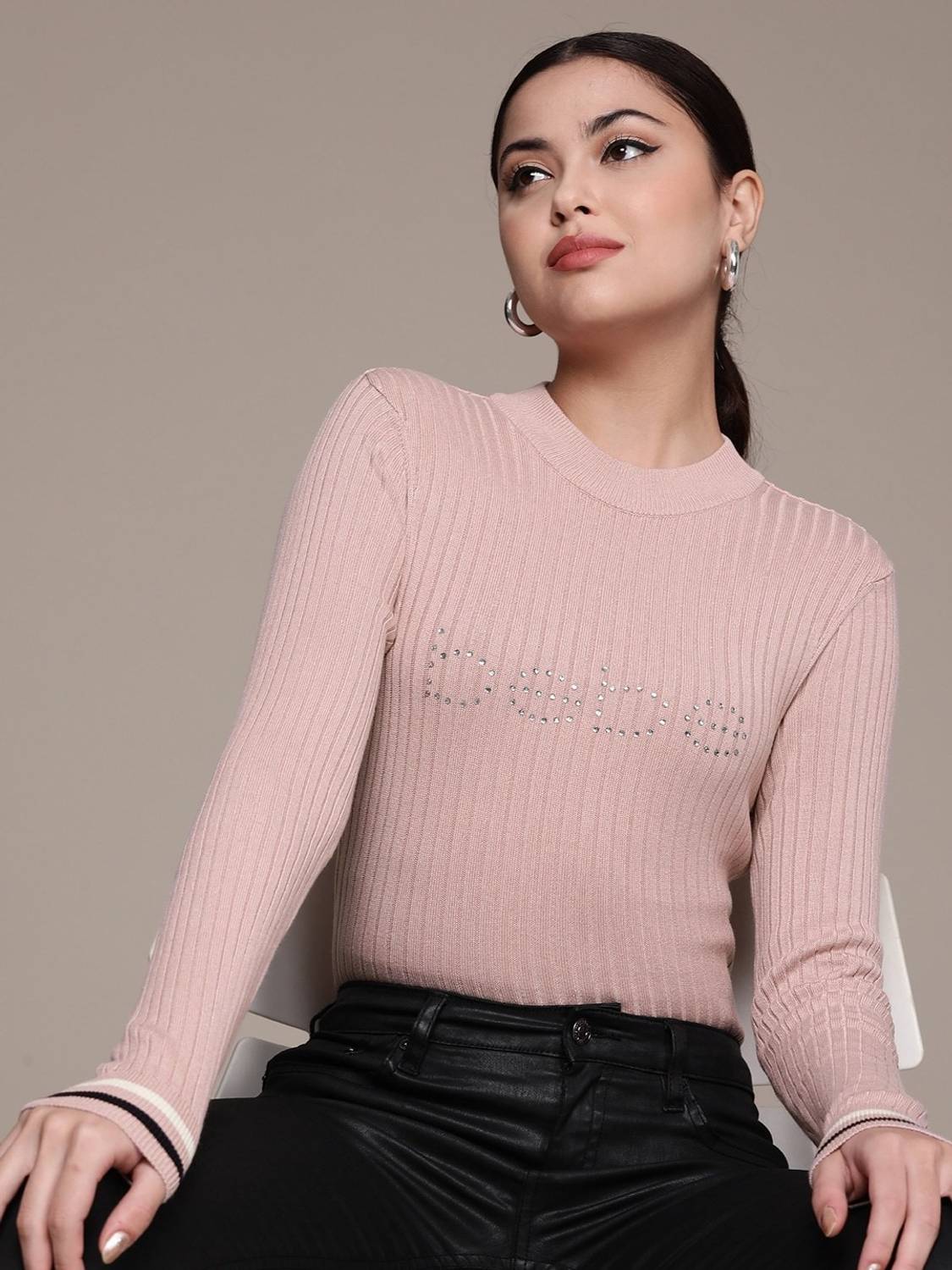 bebe Self Design Round Neck Casual Women Pink Sweater