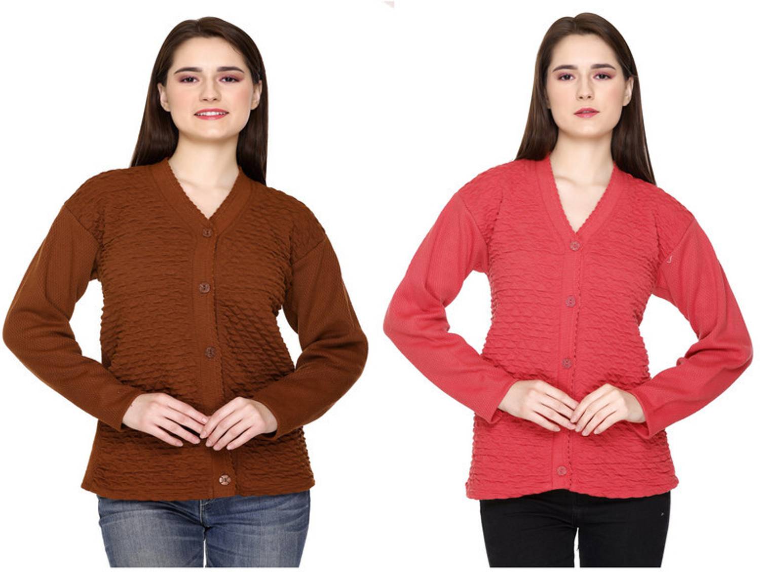 Afronaut Self Design V Neck Casual Women Brown, Pink Sweater