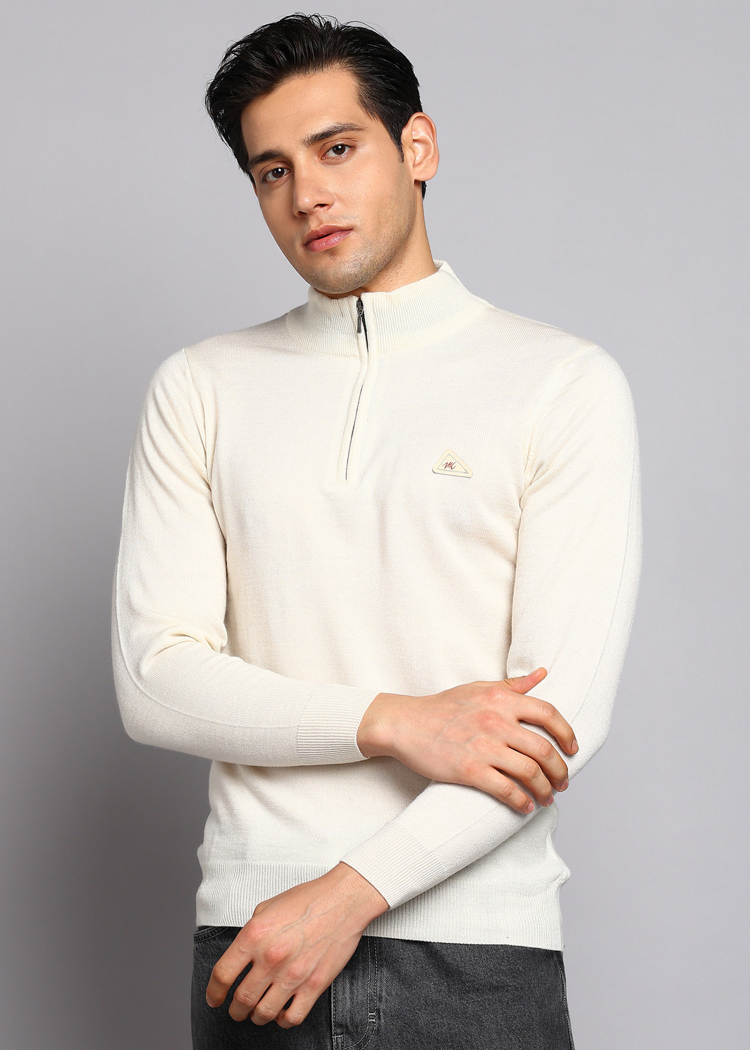 Image of MONTE CARLO Men Solid High Neck Beige Sweater