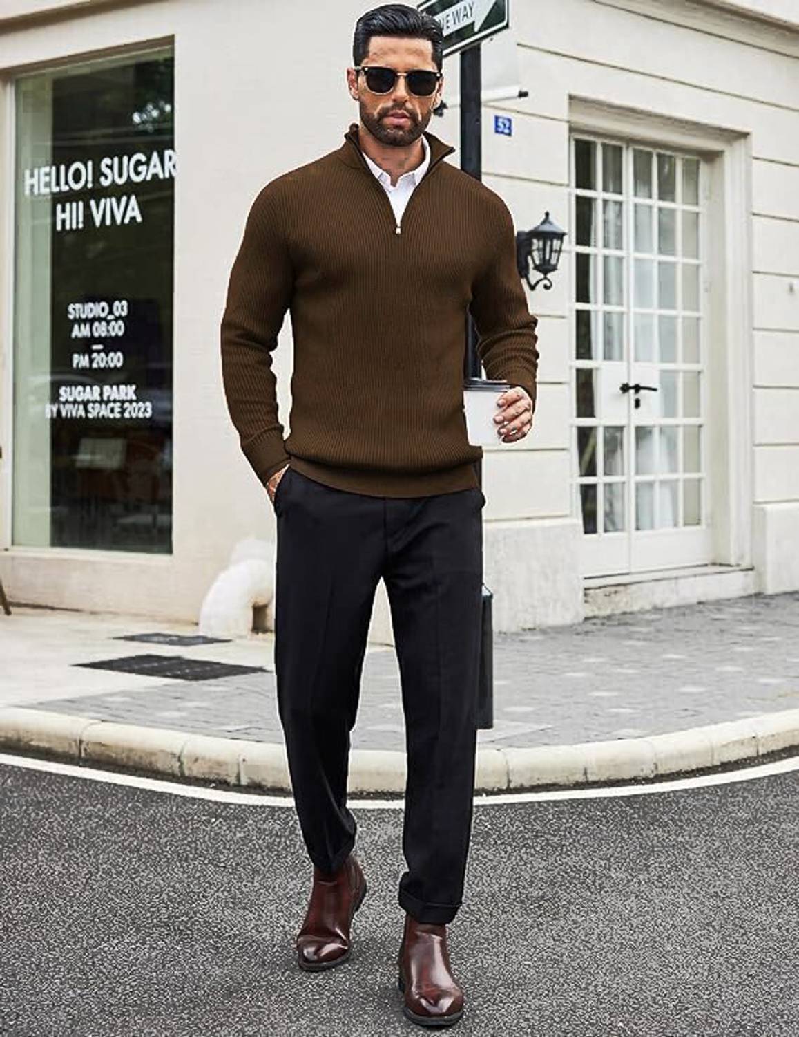 ColorChakra Solid Collared Men's Brown Sweater - Image 4