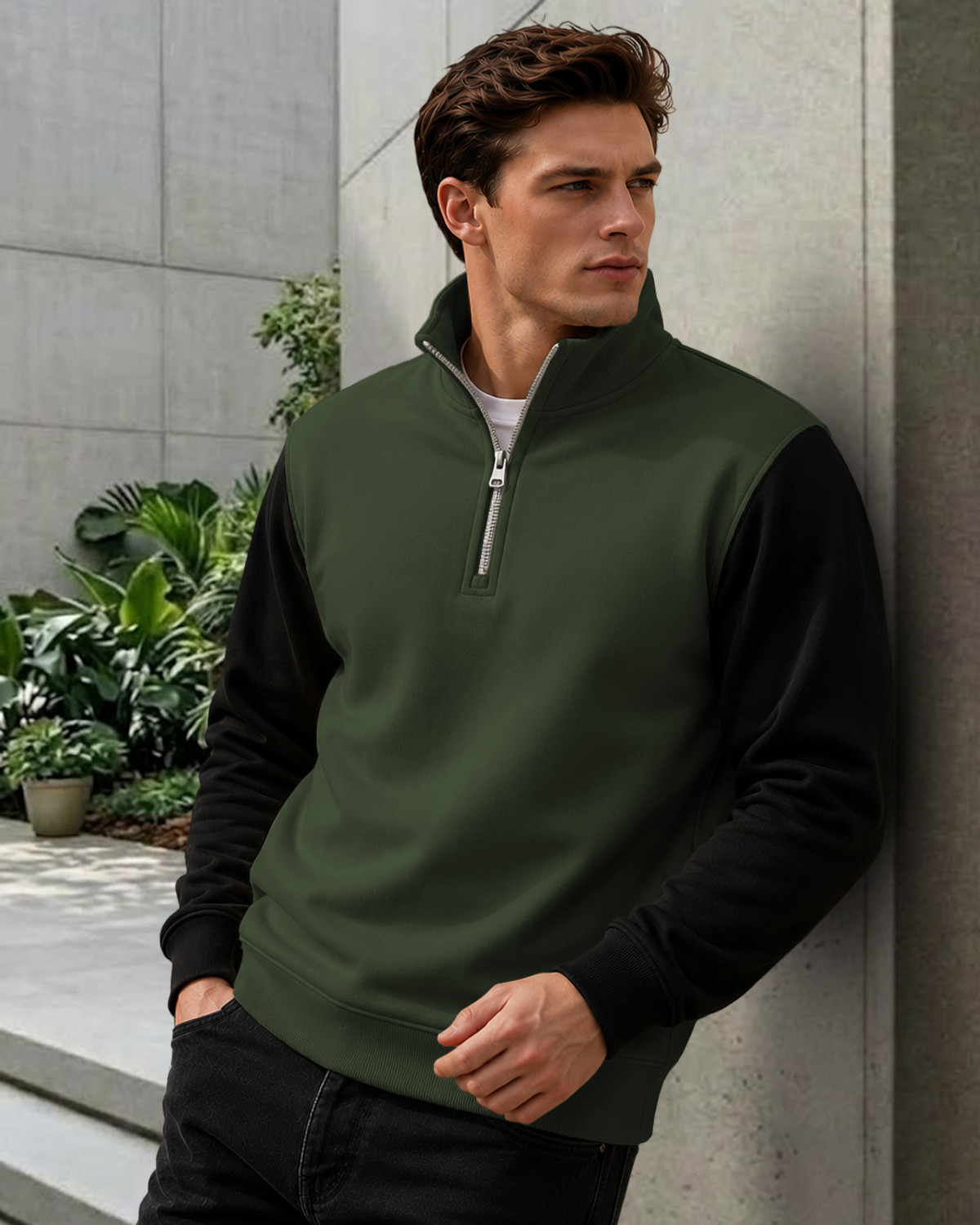 Image of TRIPR Men Colorblock High Neck Dark Green, Black Sweater