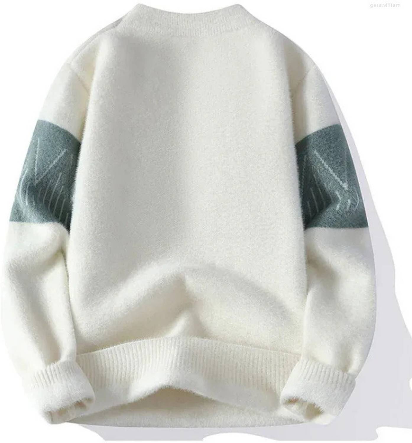 Keenuu Men Striped Round Neck White Sweater - Image 2
