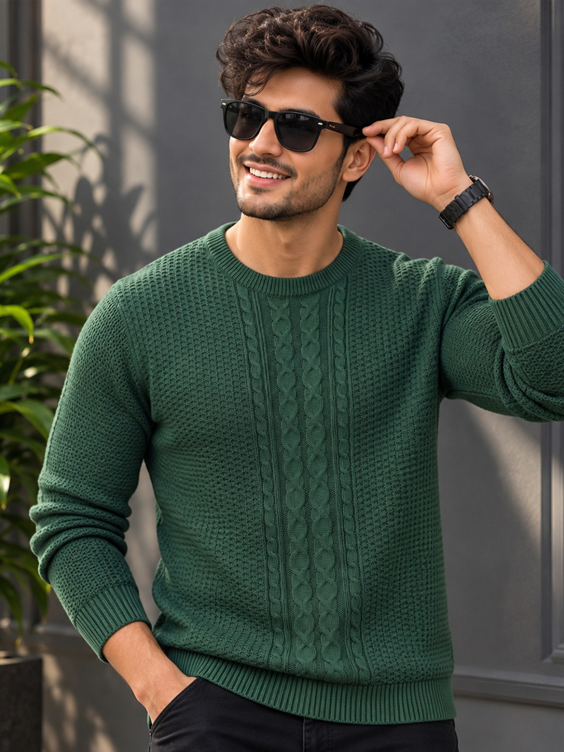 Image of AIN6 Men Self Design Round Neck Green Sweater