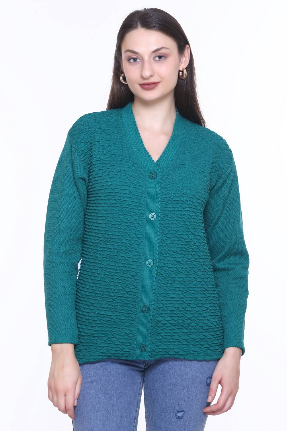 Basis Self Design V Neck Casual Women Green Sweater
