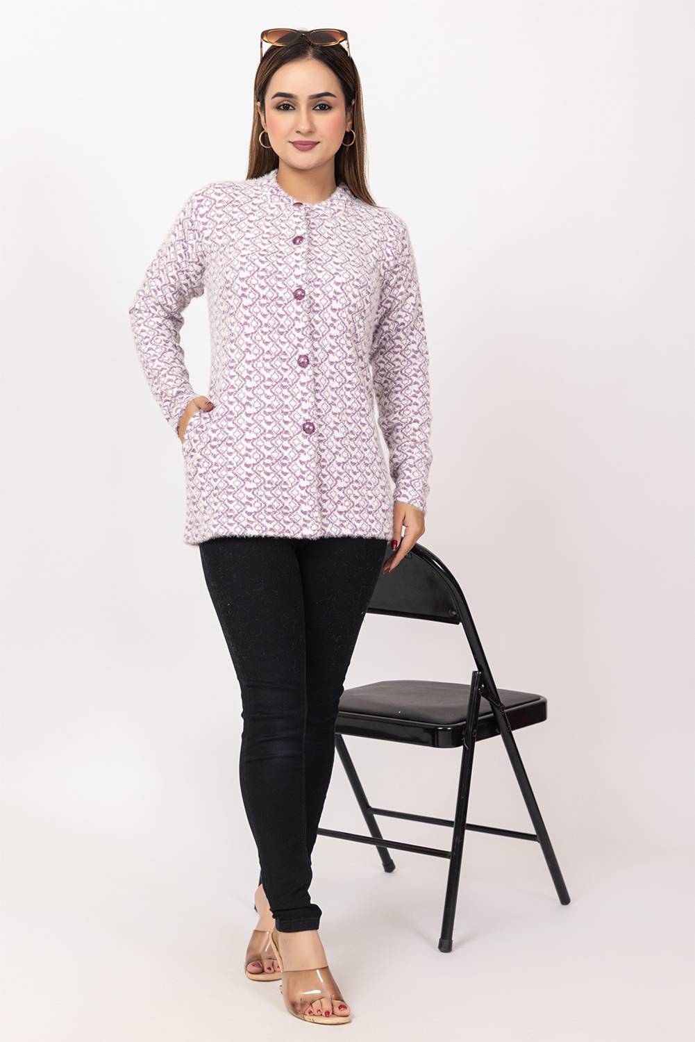 Aphrodite Polka Print Mandarin Neck Casual Women Purple Sweater