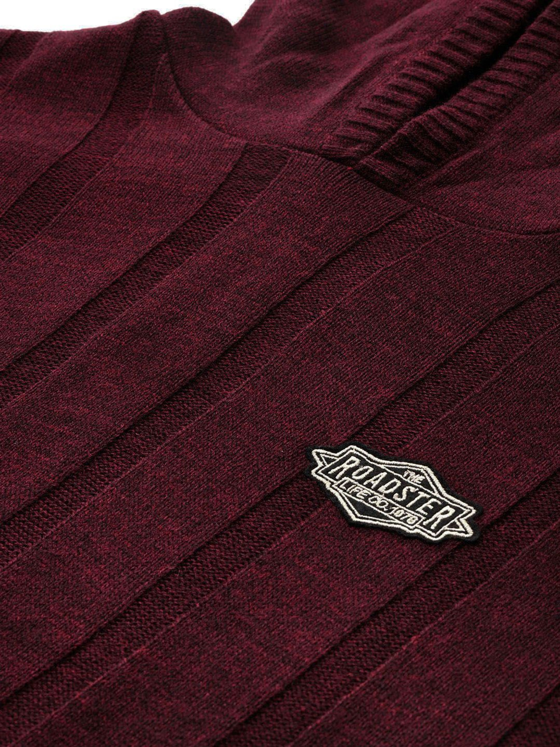 Image of Roadster Printed Hooded Neck Casual Men Maroon Sweater