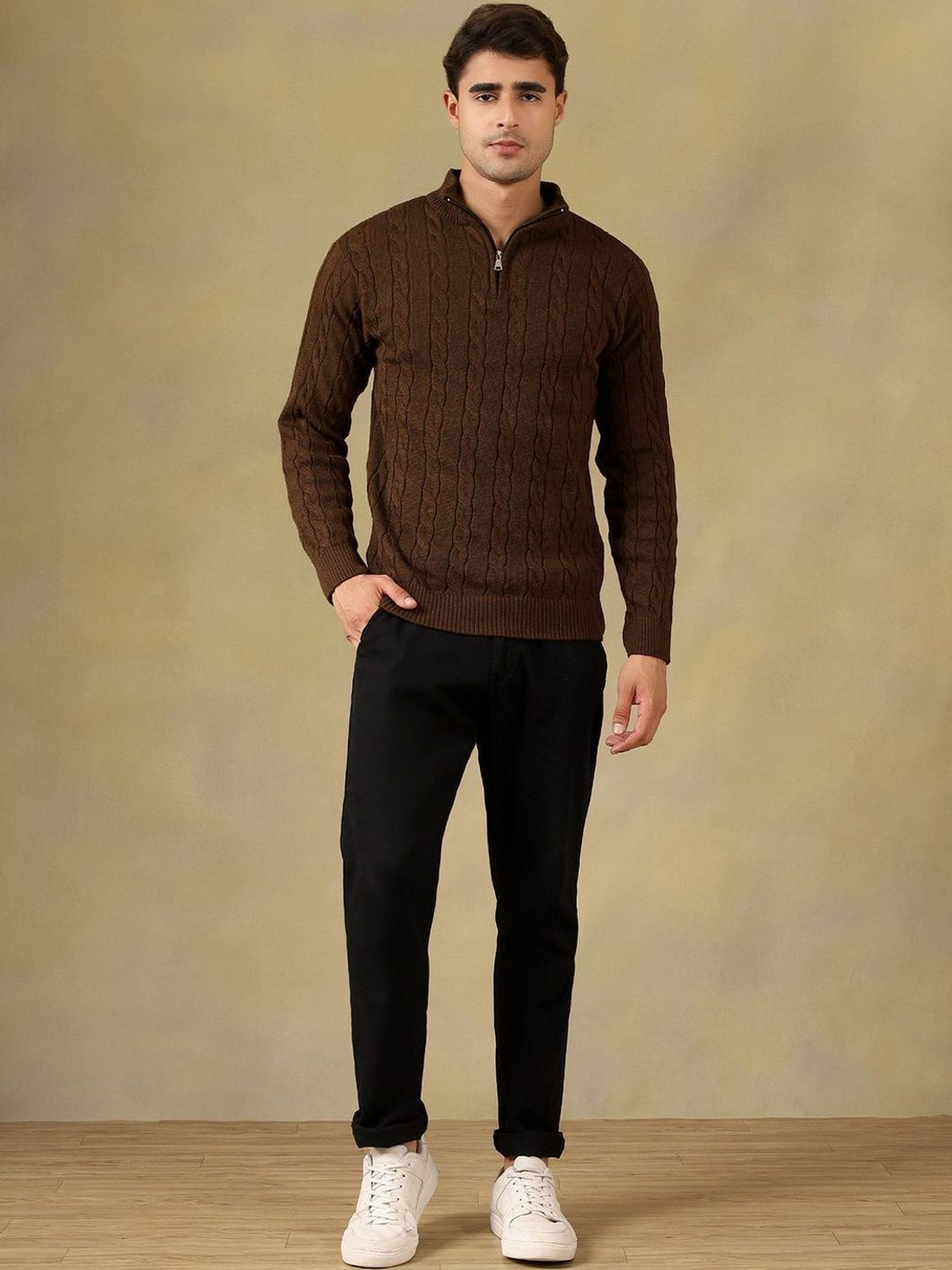 Image of Roadster Self Design High Neck Casual Men Brown Sweater