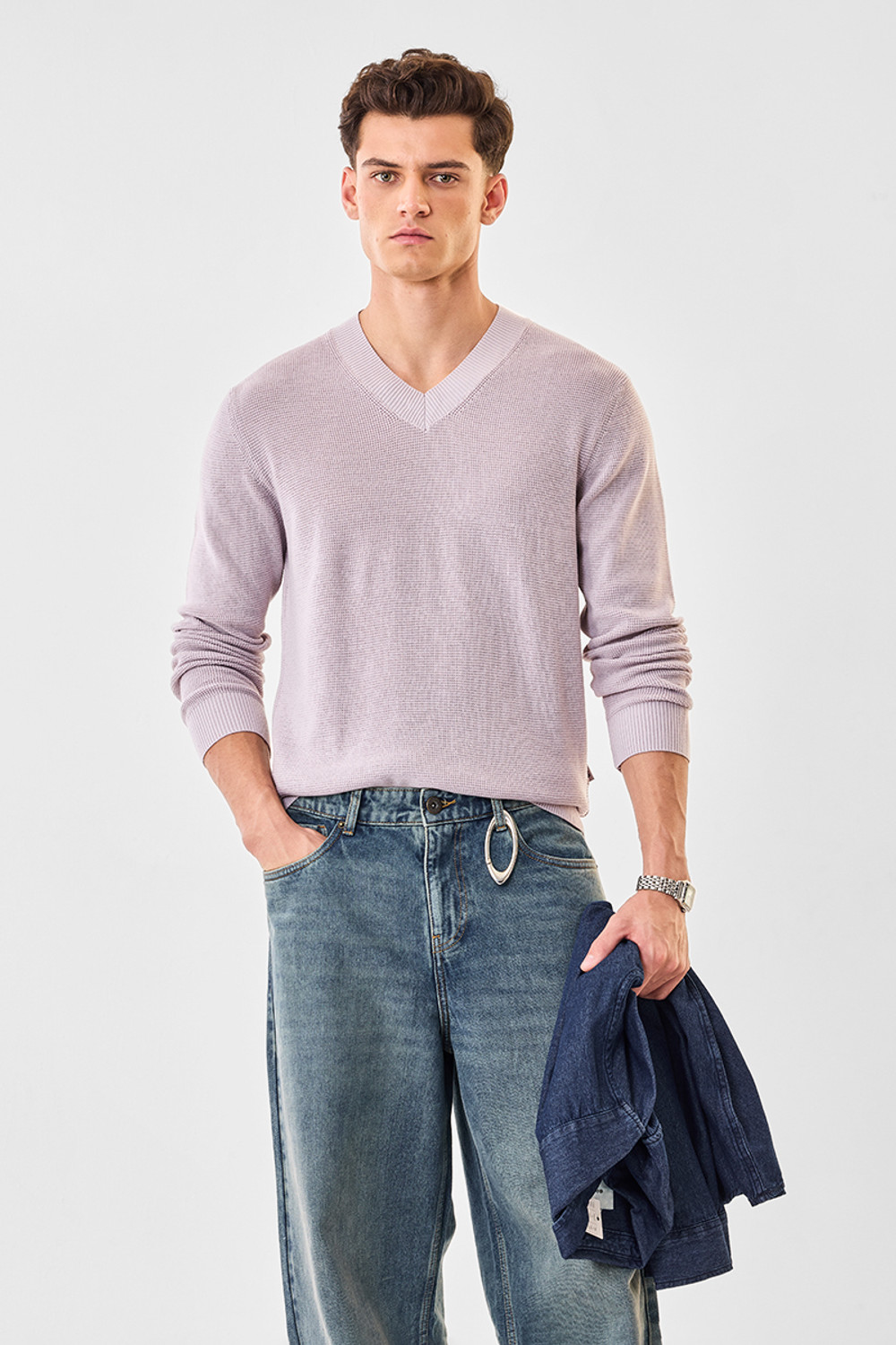 Snitch Self Design V Neck Casual Men Purple Sweater