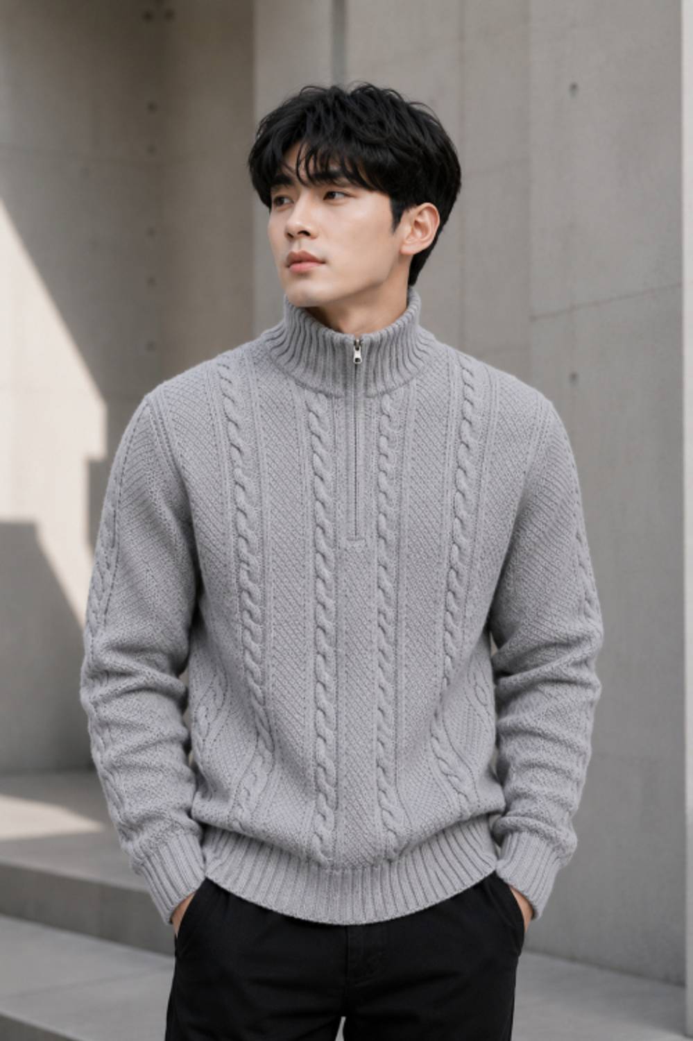 Cat Bunny Grey High Neck Men's Sweater - Image 4