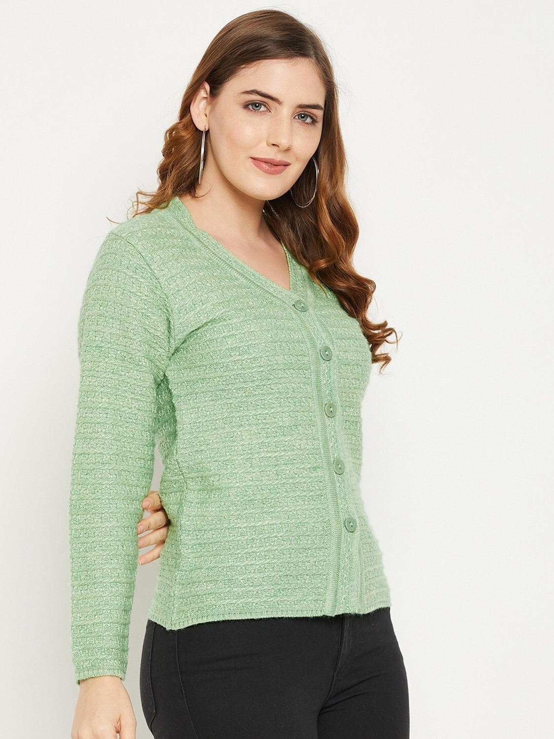 Image of Zigo Self Design V Neck Casual Women Green Sweater