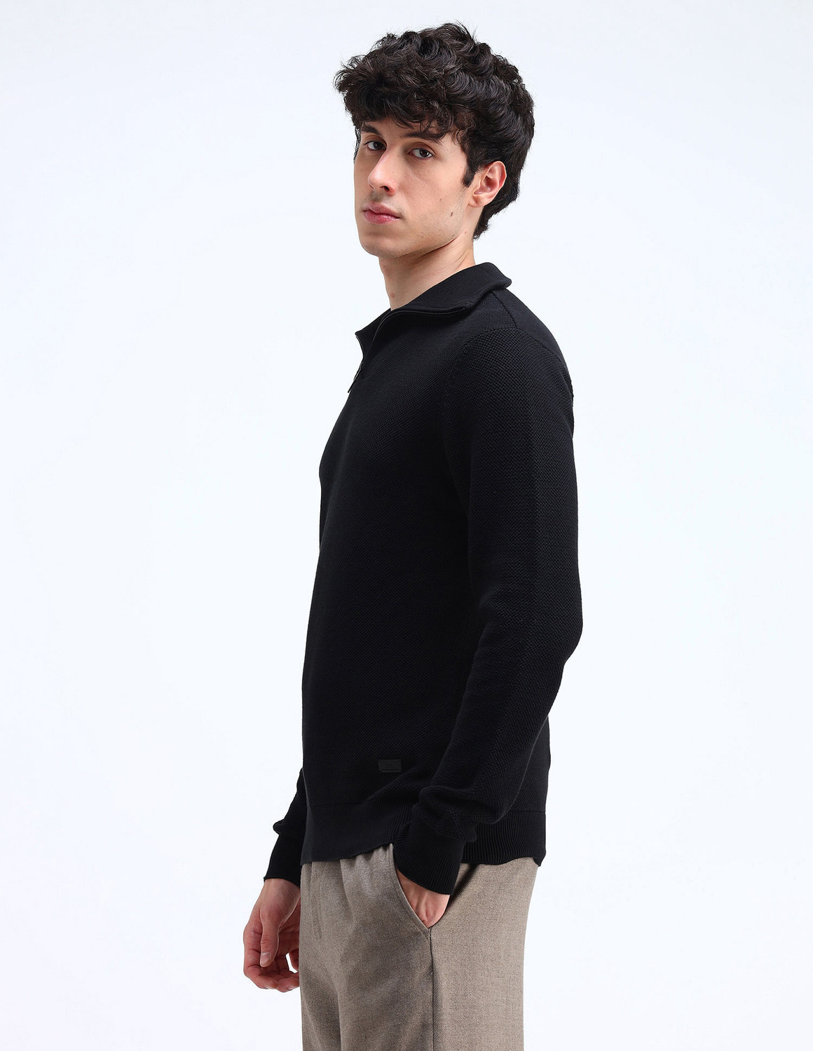 Image of FLYING MACHINE Solid High Neck Casual Men Black Sweater
