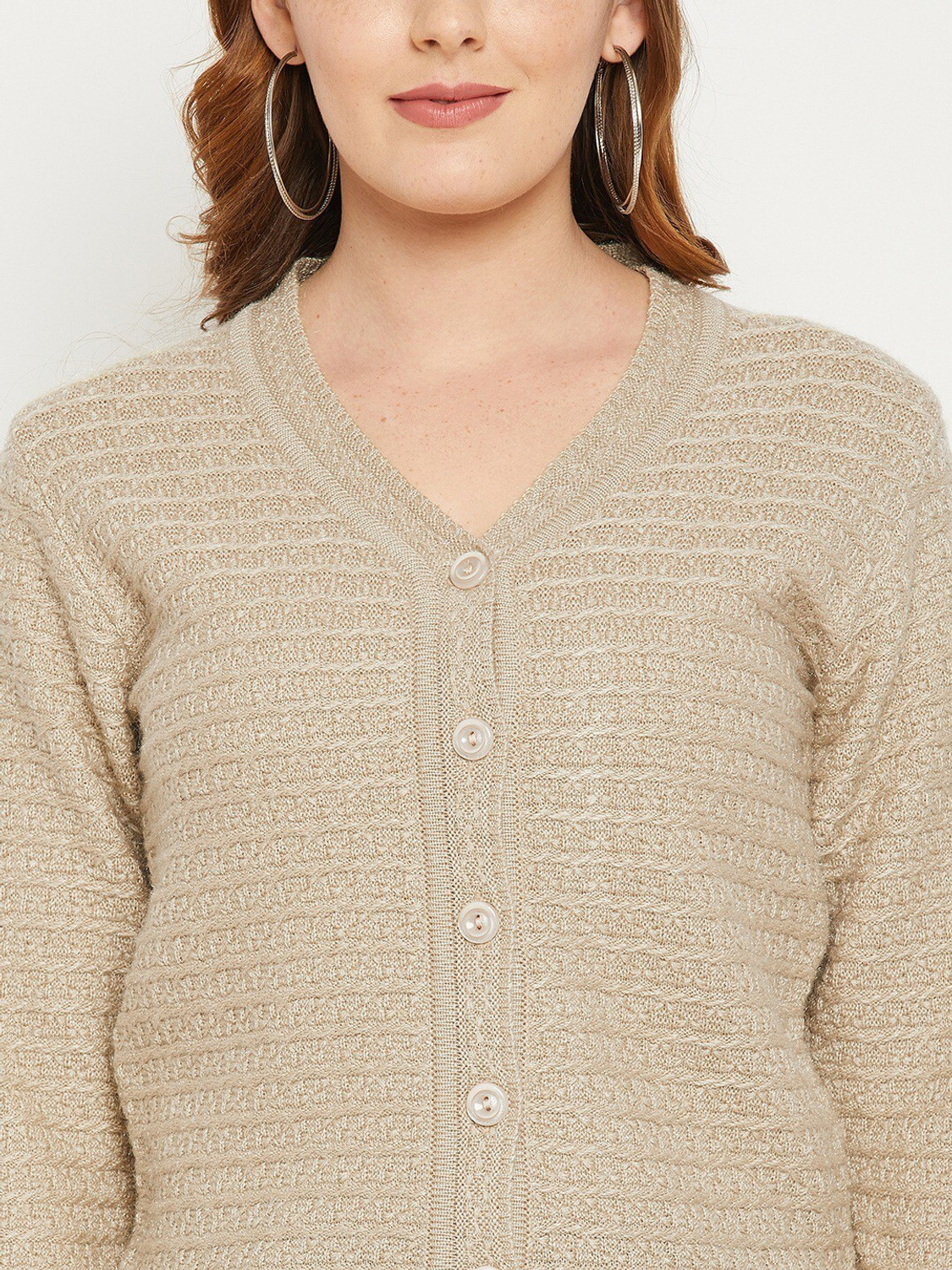Image of Zigo Self Design V Neck Casual Women Beige Sweater