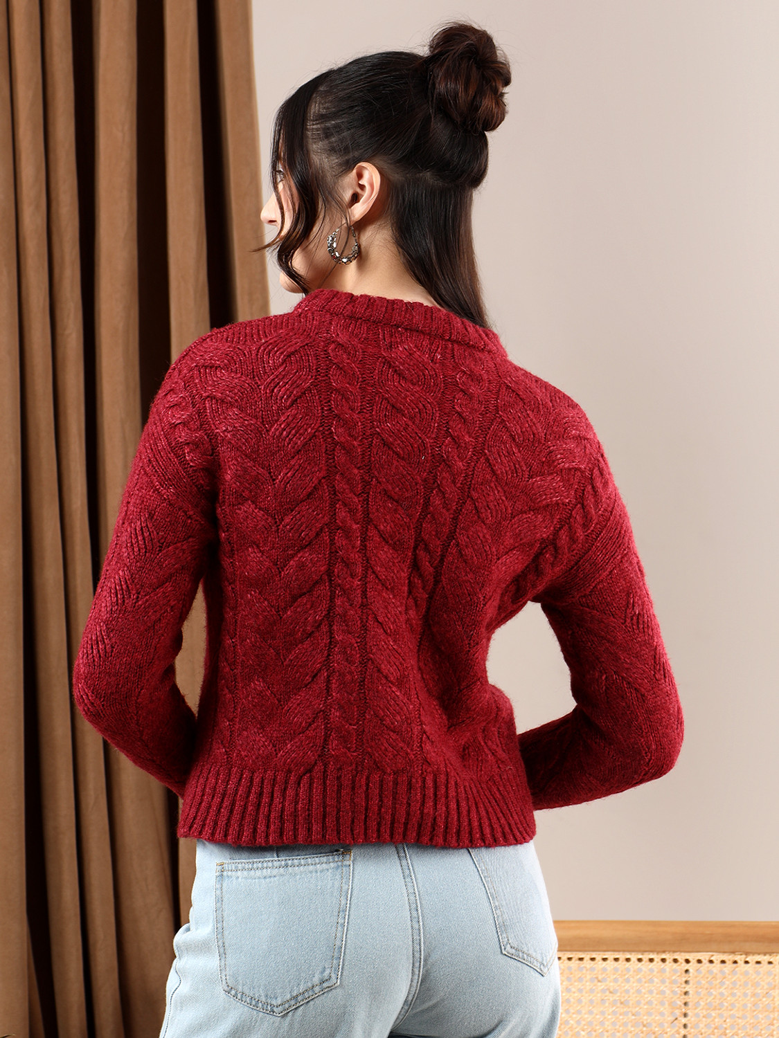 Image of KOTTY Self Design High Neck Casual Women Red Sweater