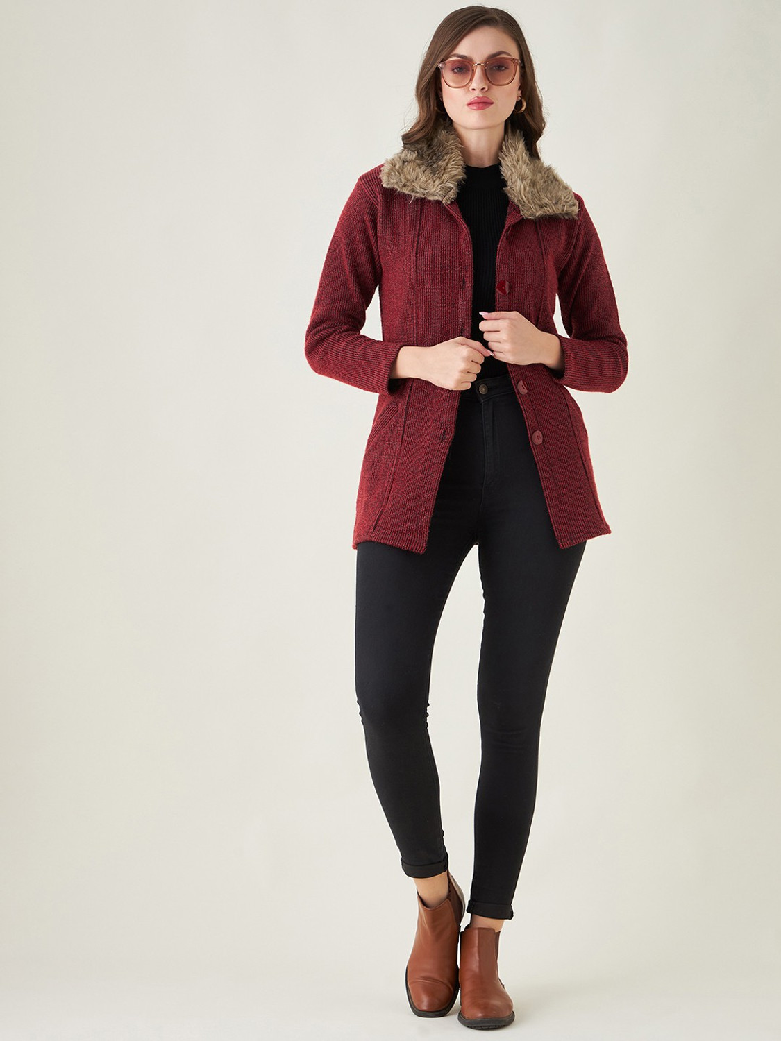Image of Pivl Self Design Collared Neck Casual Women Maroon Sweater
