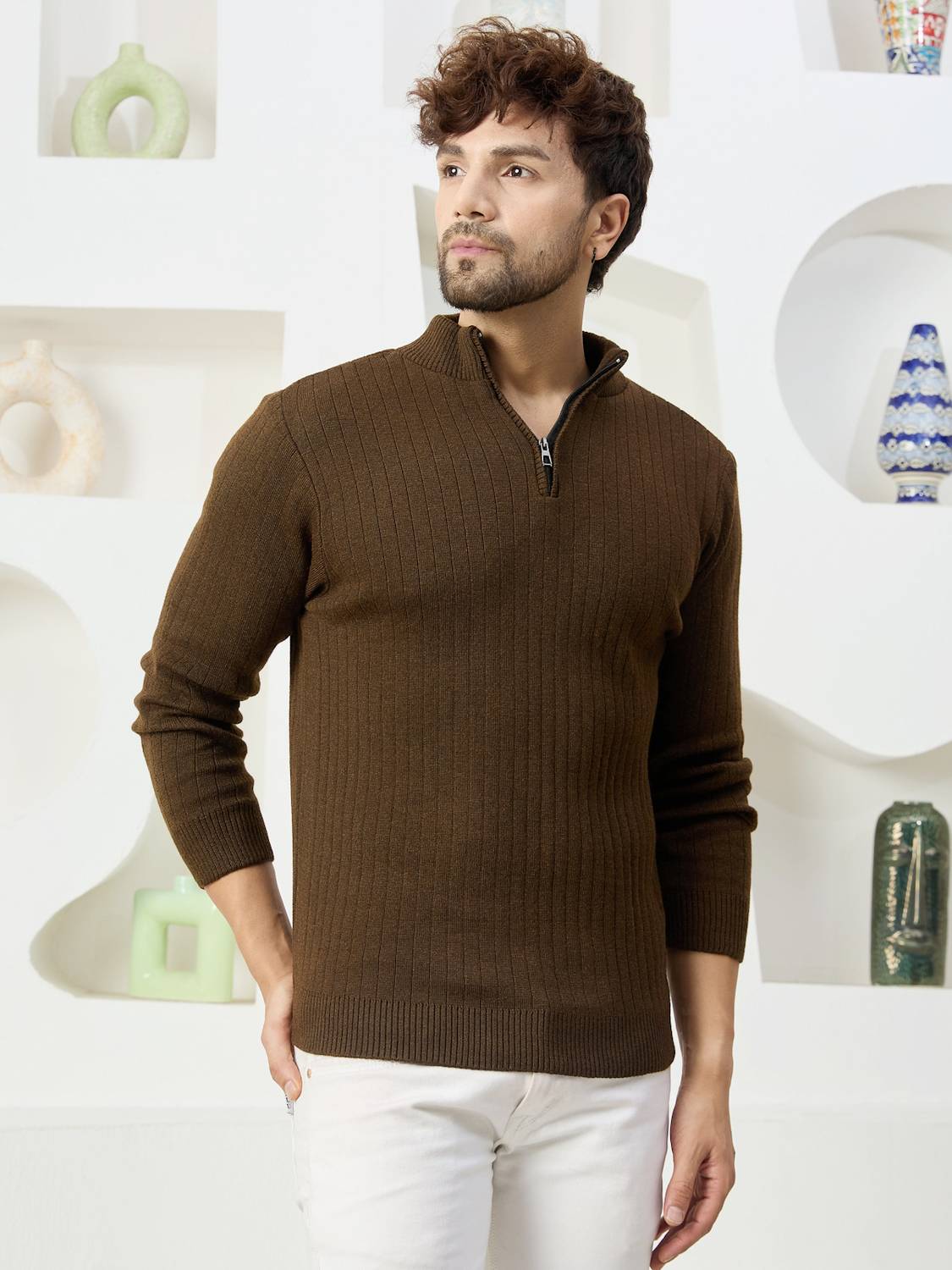 KVETOO Men Brown High Neck Casual Sweater - Image 3