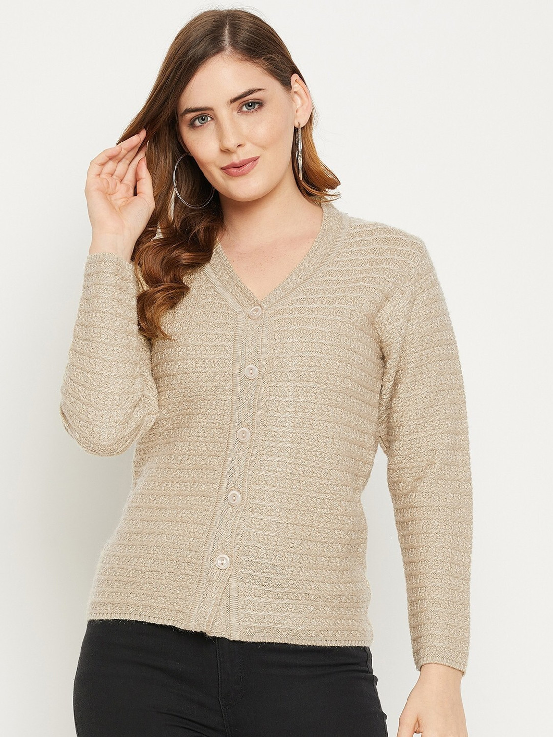 Image of Zigo Self Design V Neck Casual Women Beige Sweater