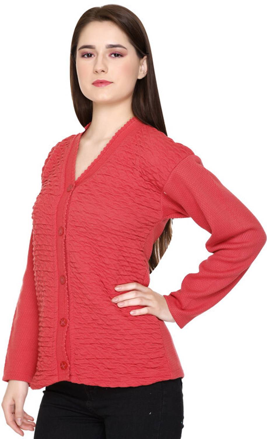 Afronaut Self Design V Neck Casual Women Pink Sweater