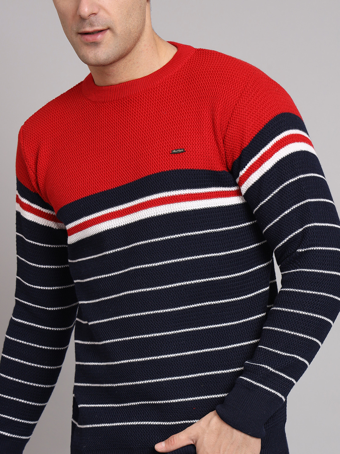 Image of eWools Striped Round Neck Casual Men Red Sweater
