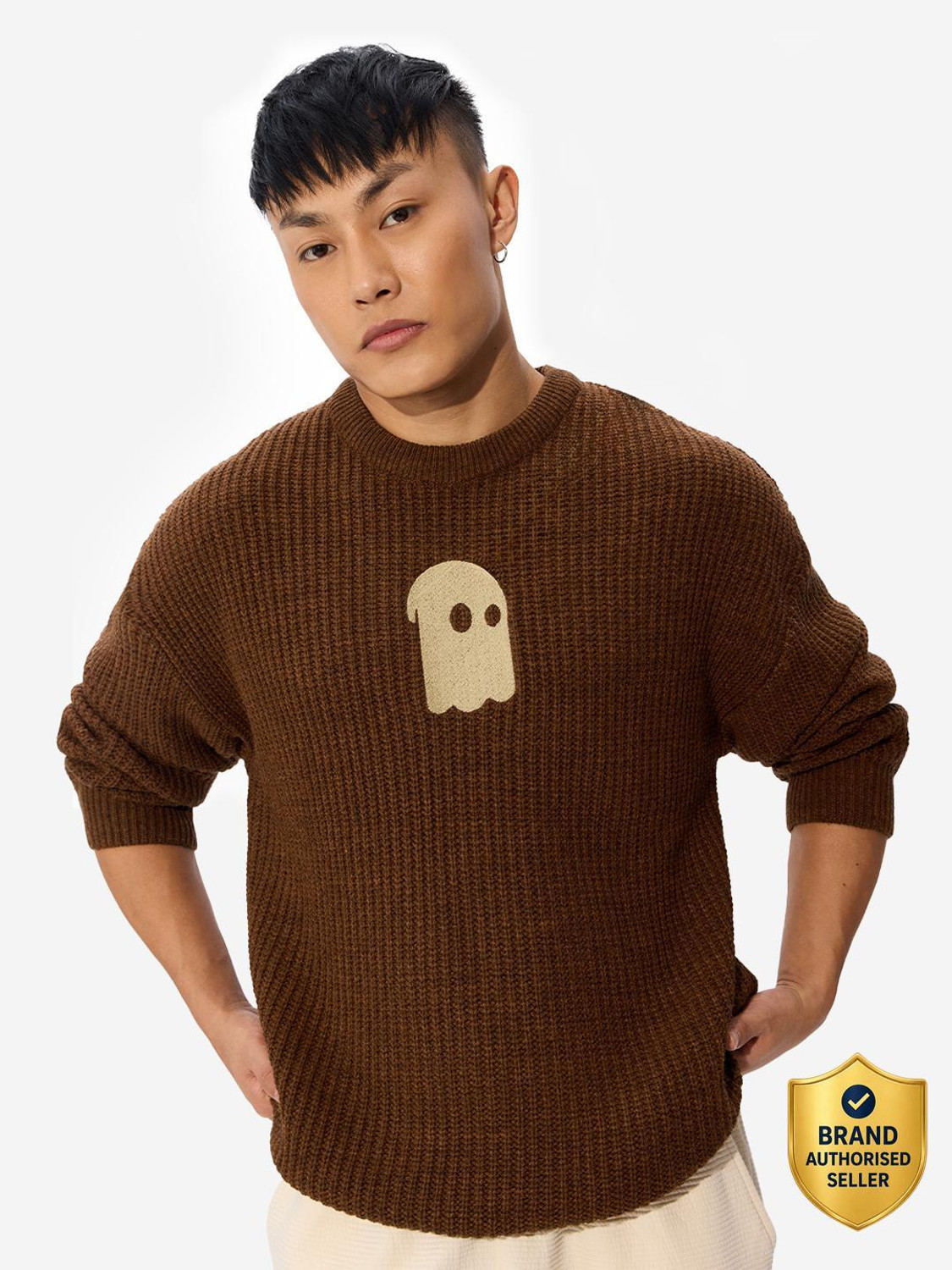 Image of The Souled Store Self Design Round Neck Casual Men Brown Sweater