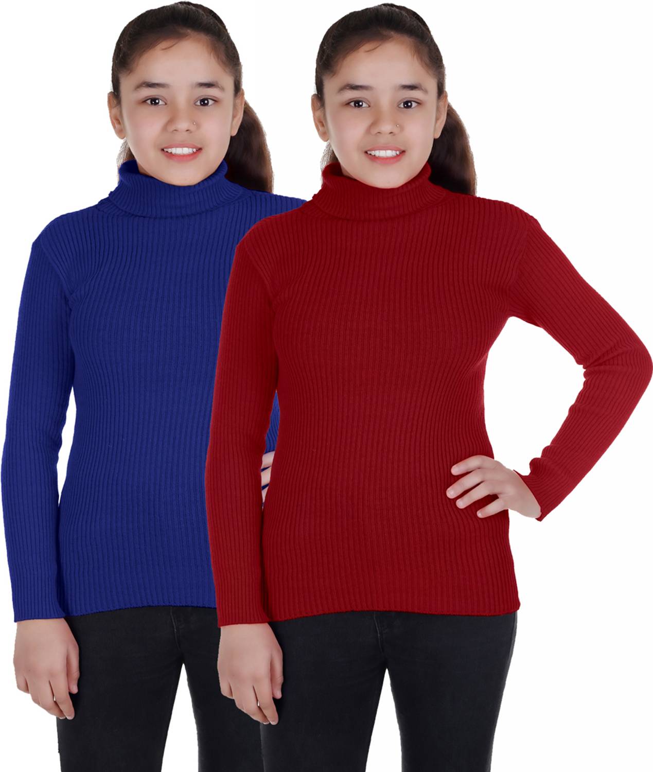 100LUCK Self Design High Neck Casual Boys & Girls Maroon, Dark Blue Sweater