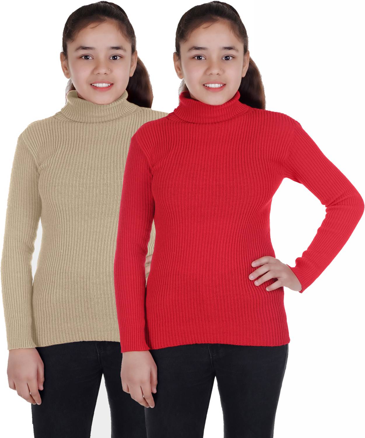 100LUCK Self Design High Neck Casual Boys & Girls Red, Beige Sweater