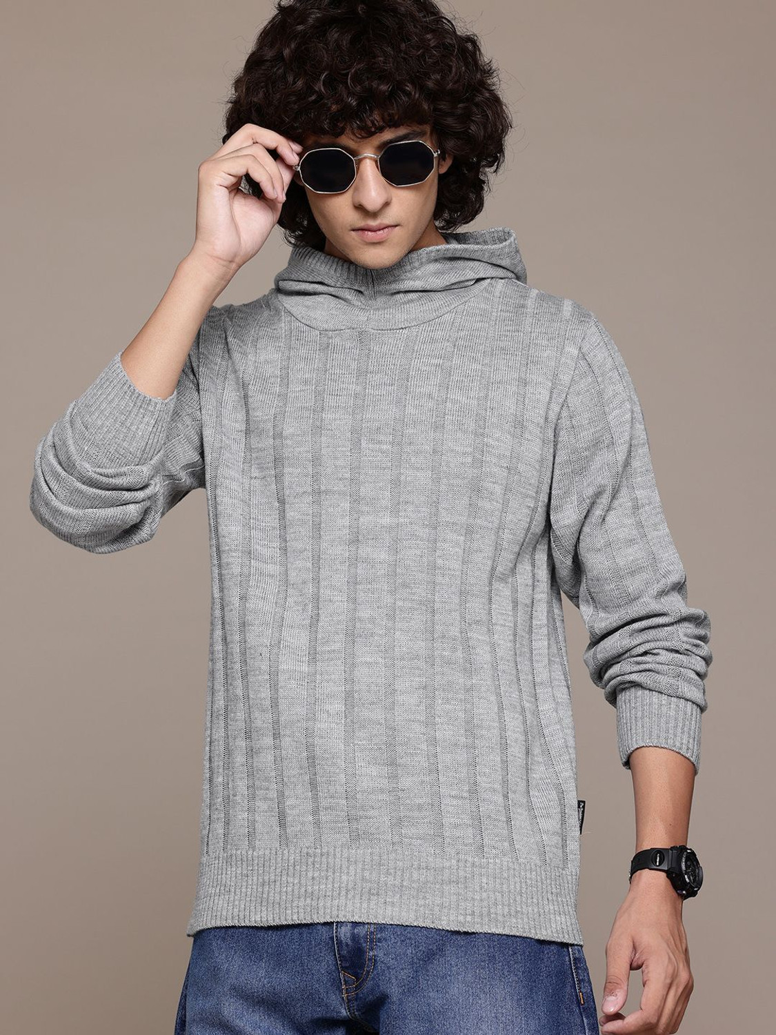 Image of Roadster Men Striped Hooded Neck Grey Sweater