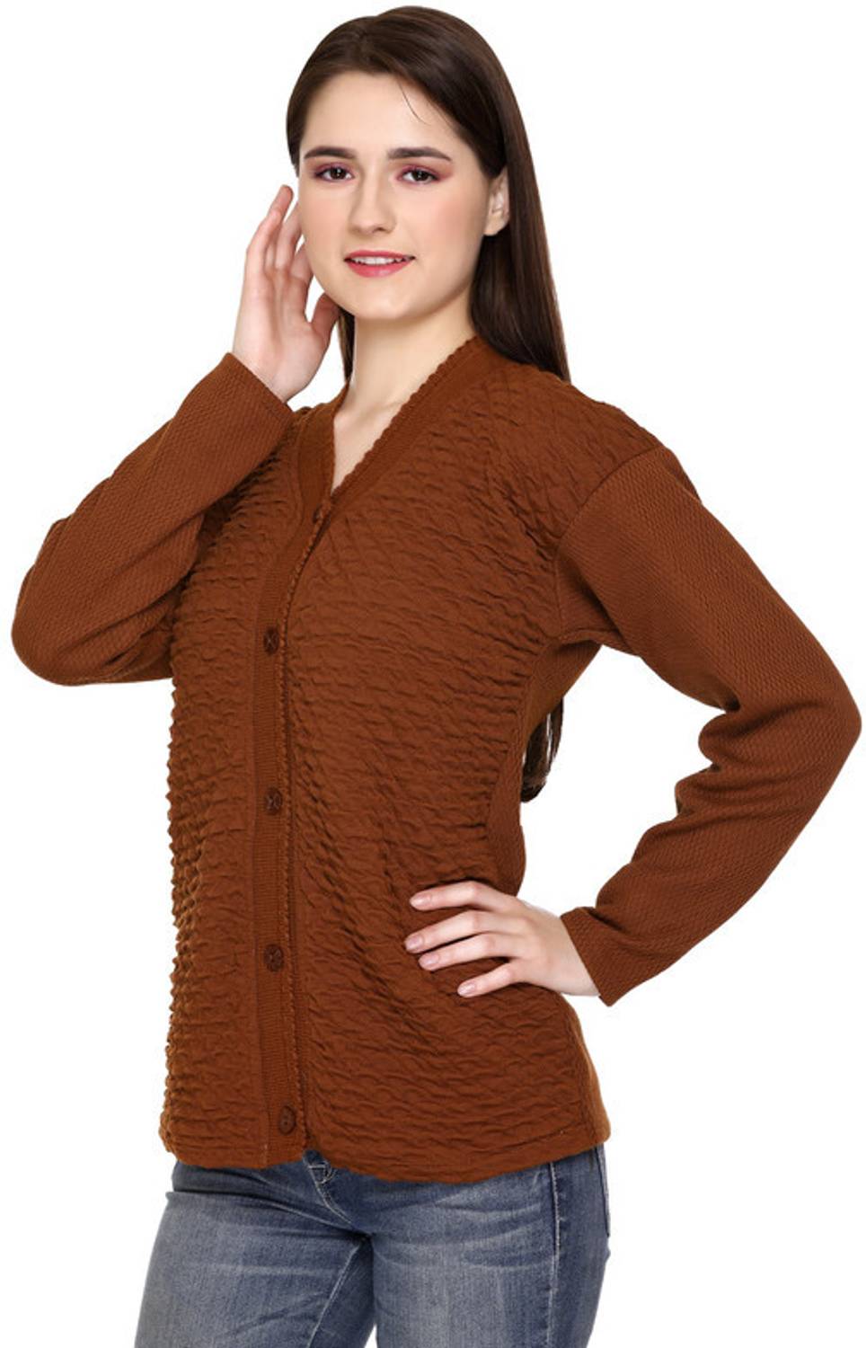 ENOV Woven V Neck Casual Women Brown Sweater