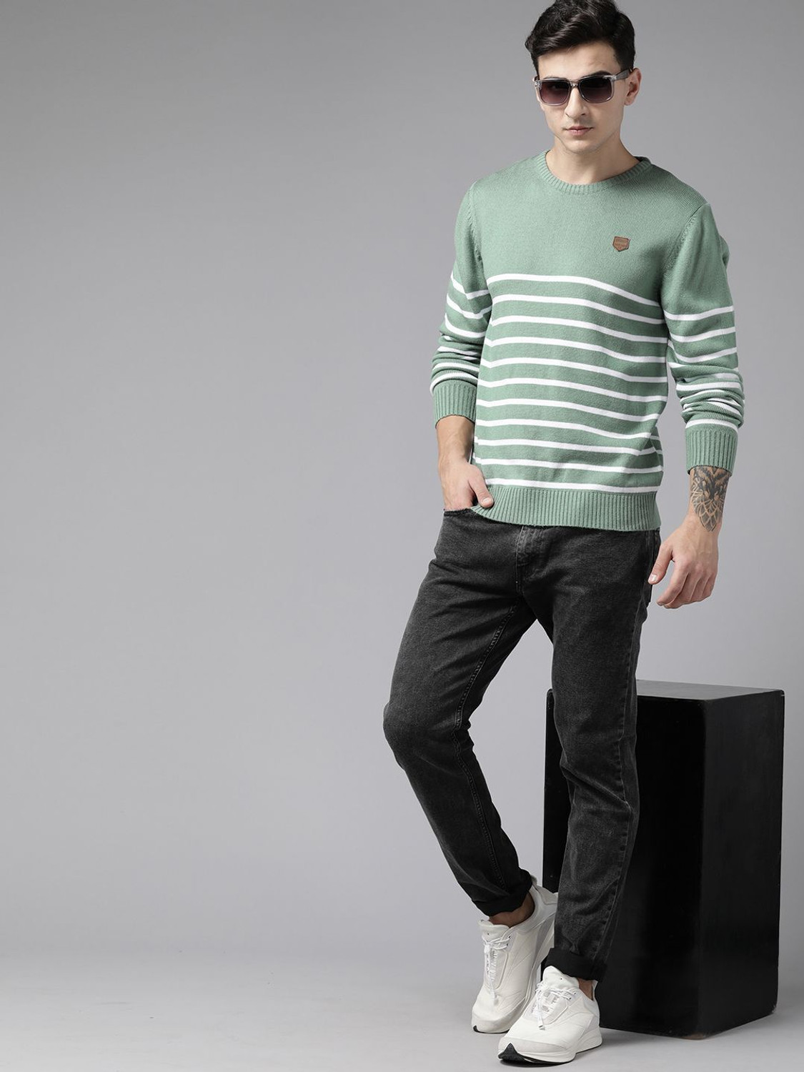 Image of Roadster Men Striped Round Neck Green Sweater