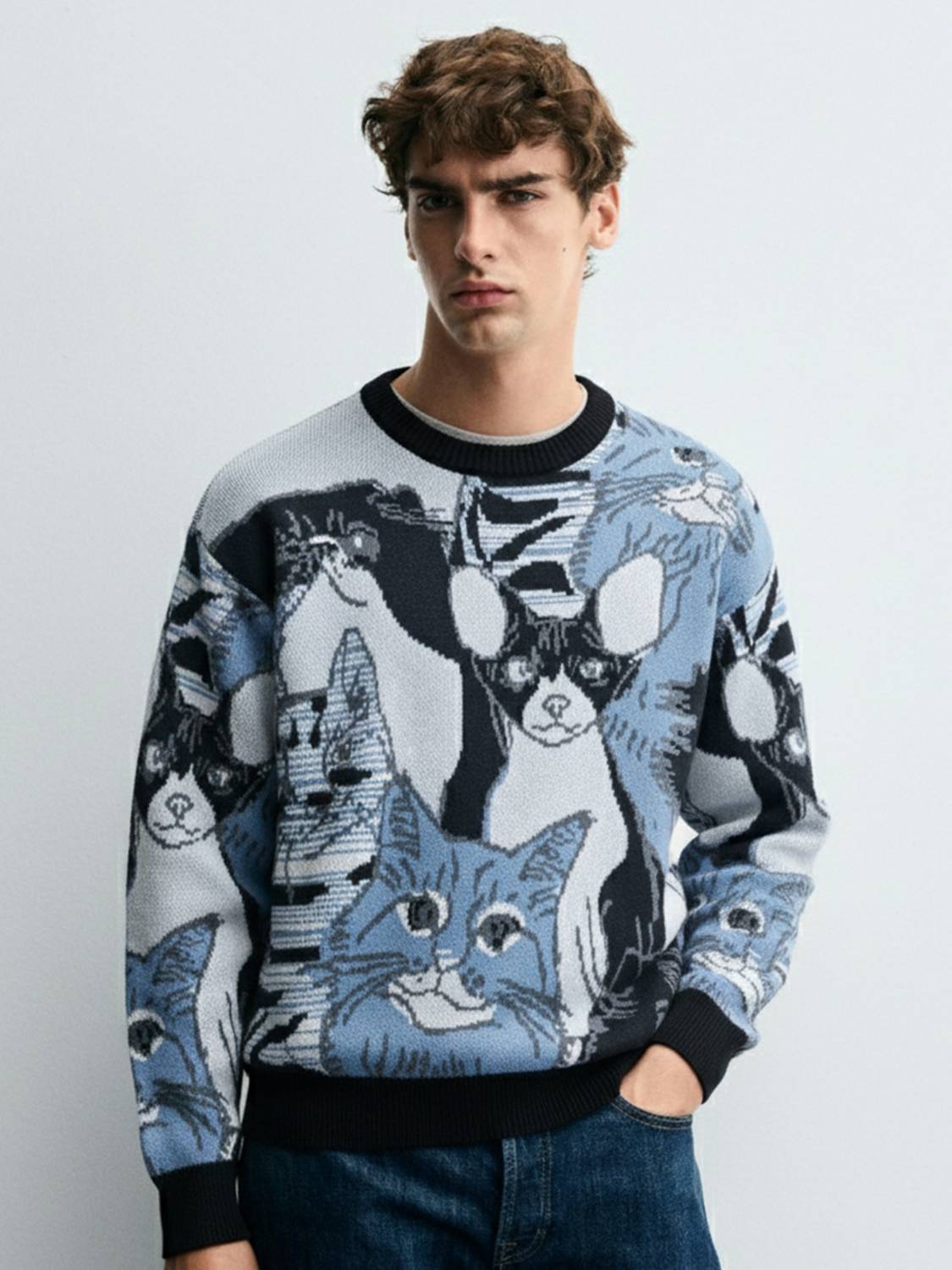 HIGHLANDER Men Blue Printed Round Neck Casual Sweater