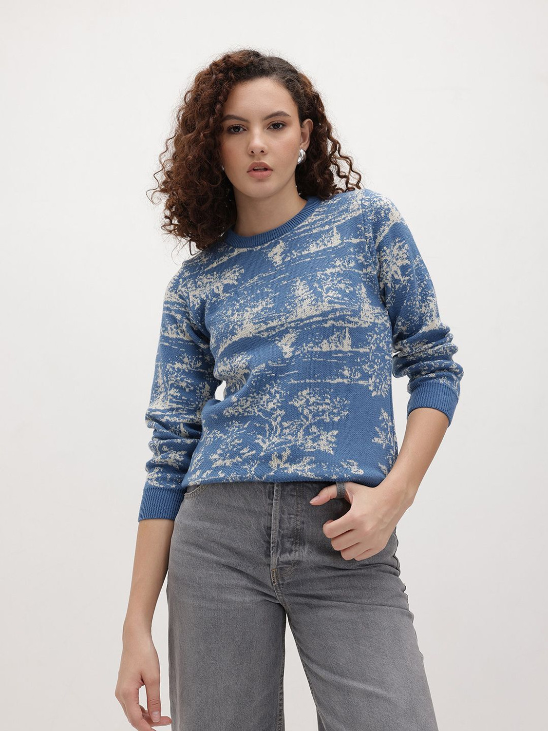 Image of Roadster Self Design Round Neck Casual Women Blue Sweater