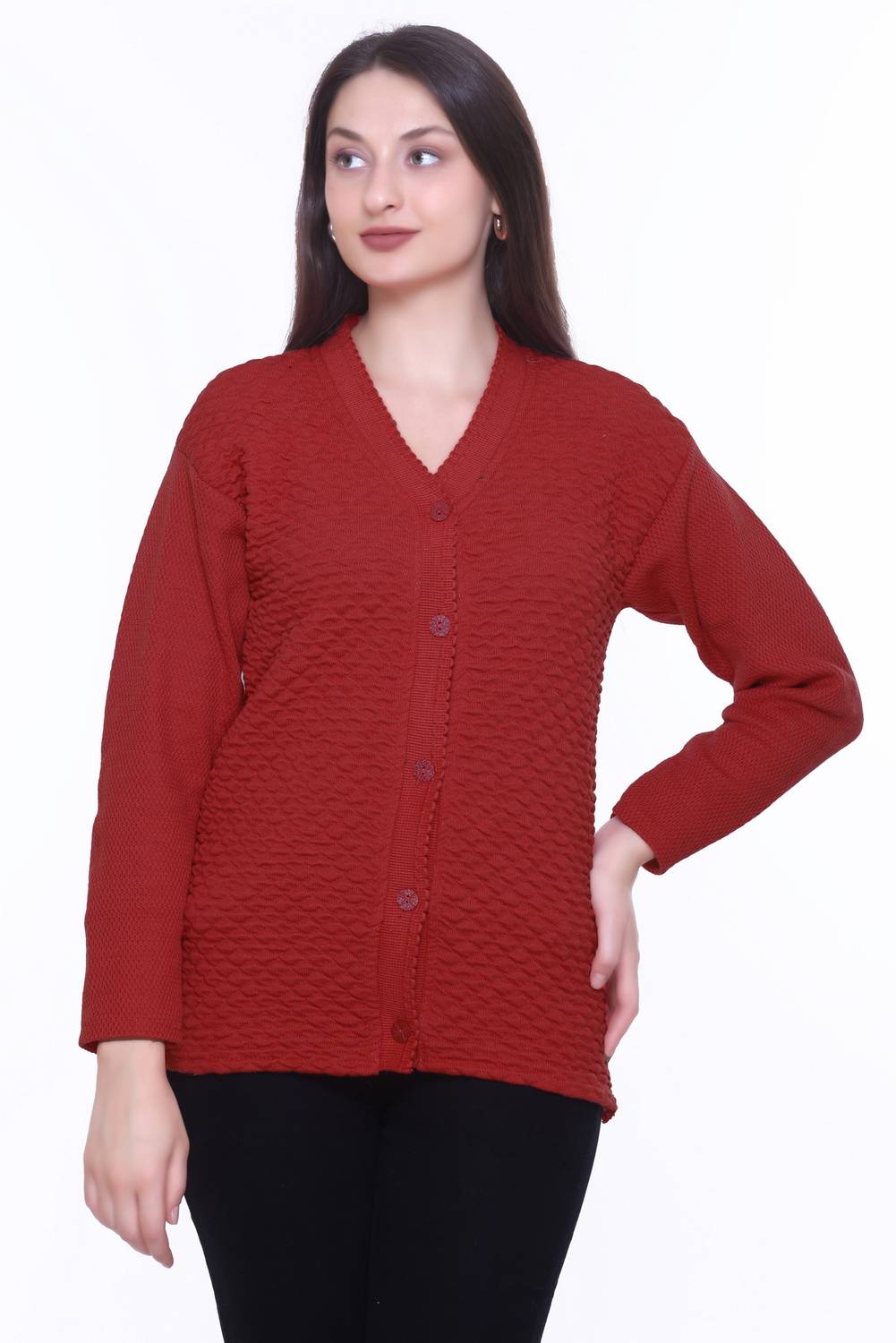 Basis Self Design V Neck Casual Women Maroon Sweater