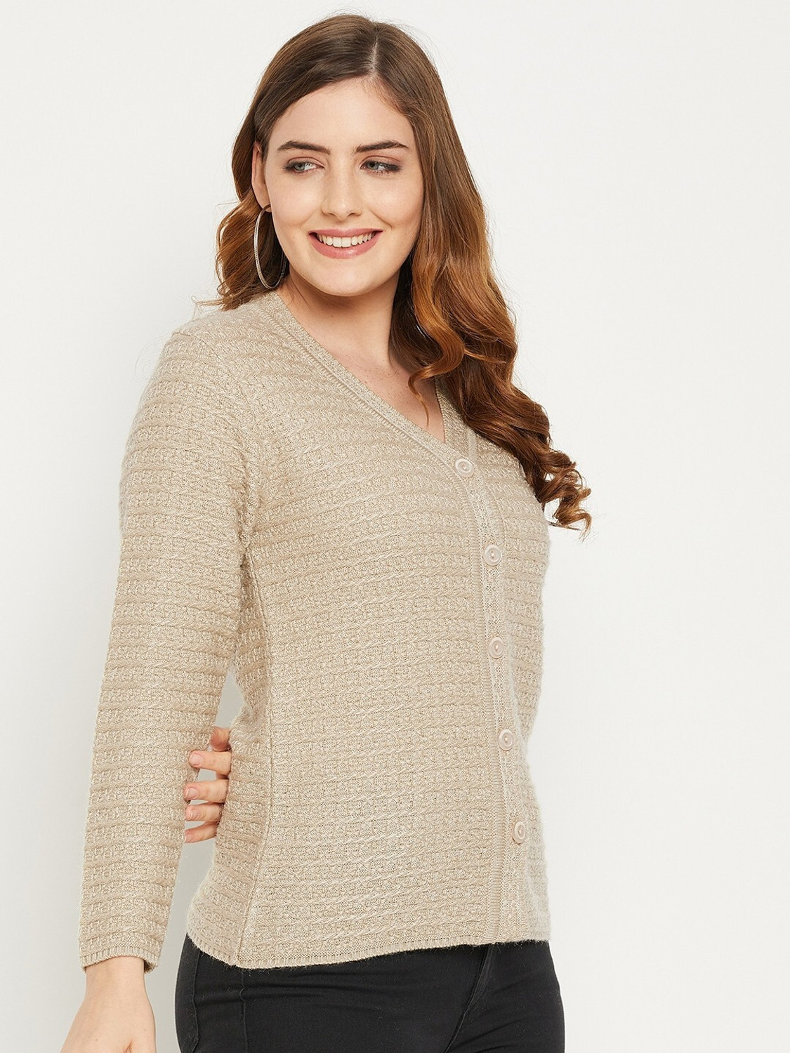 Image of Zigo Self Design V Neck Casual Women Beige Sweater