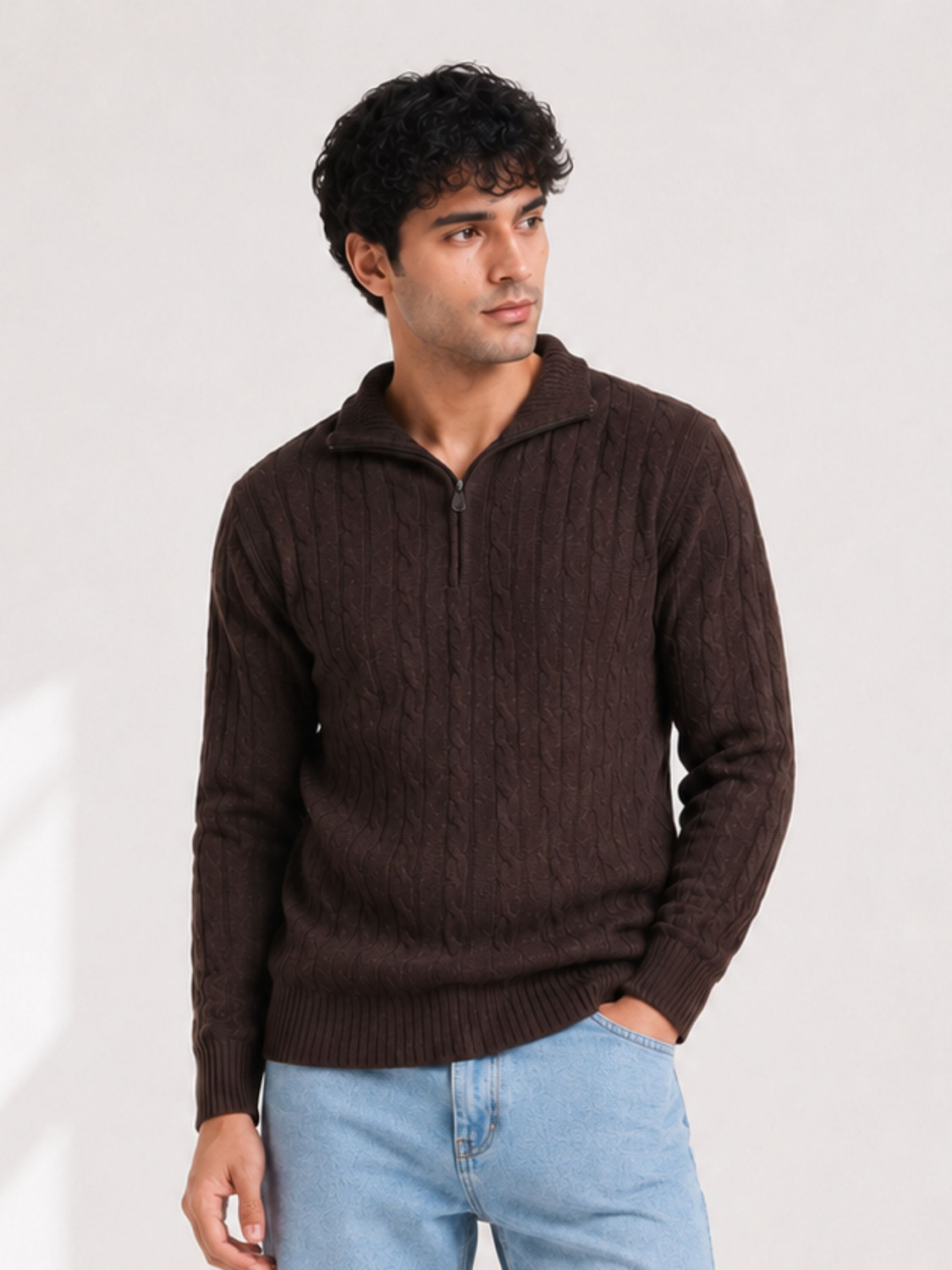 Image of Clubble Self Design Collared Neck Casual Men Brown Sweater