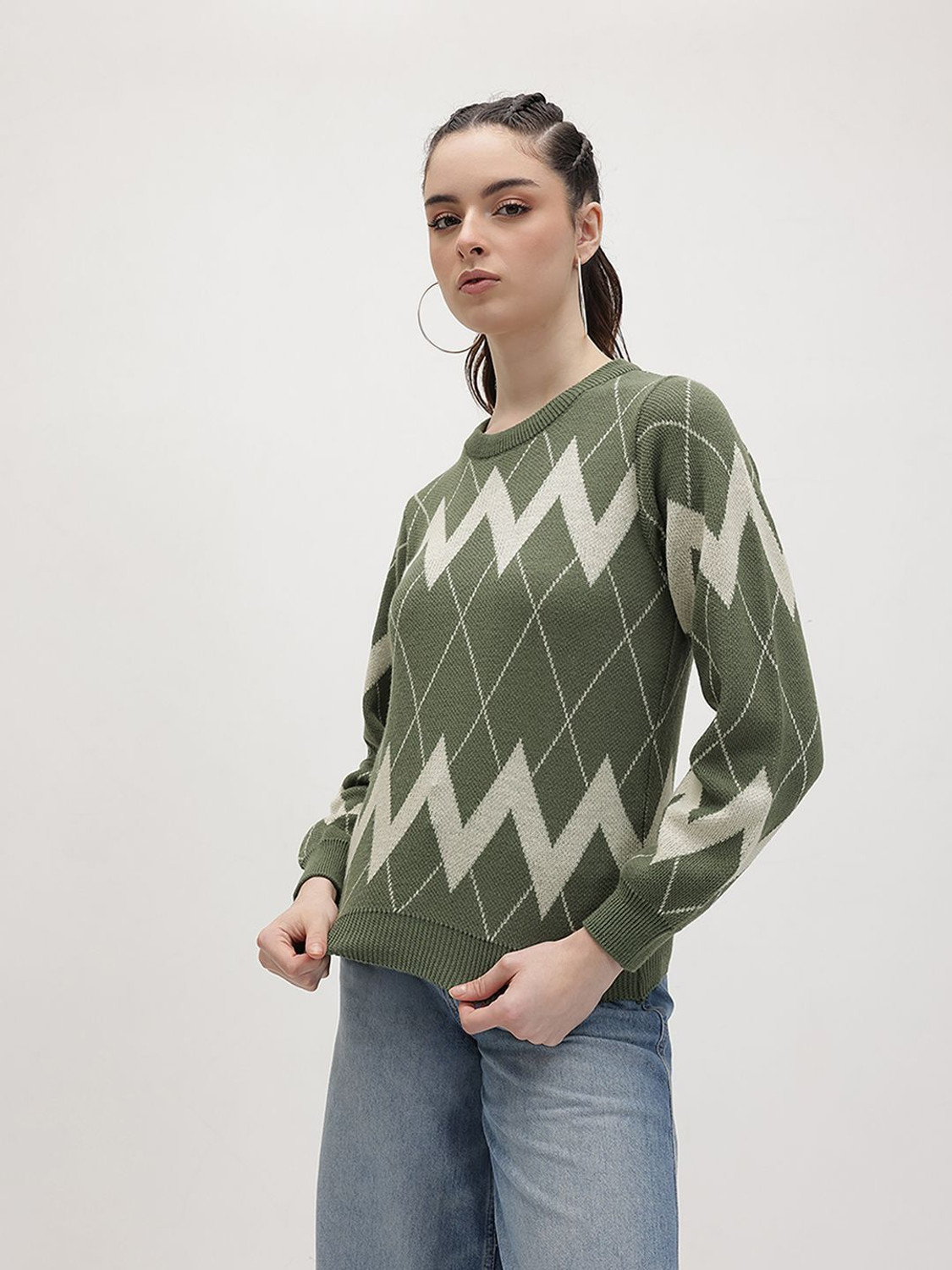 Image of Roadster Self Design Round Neck Casual Women Green Sweater