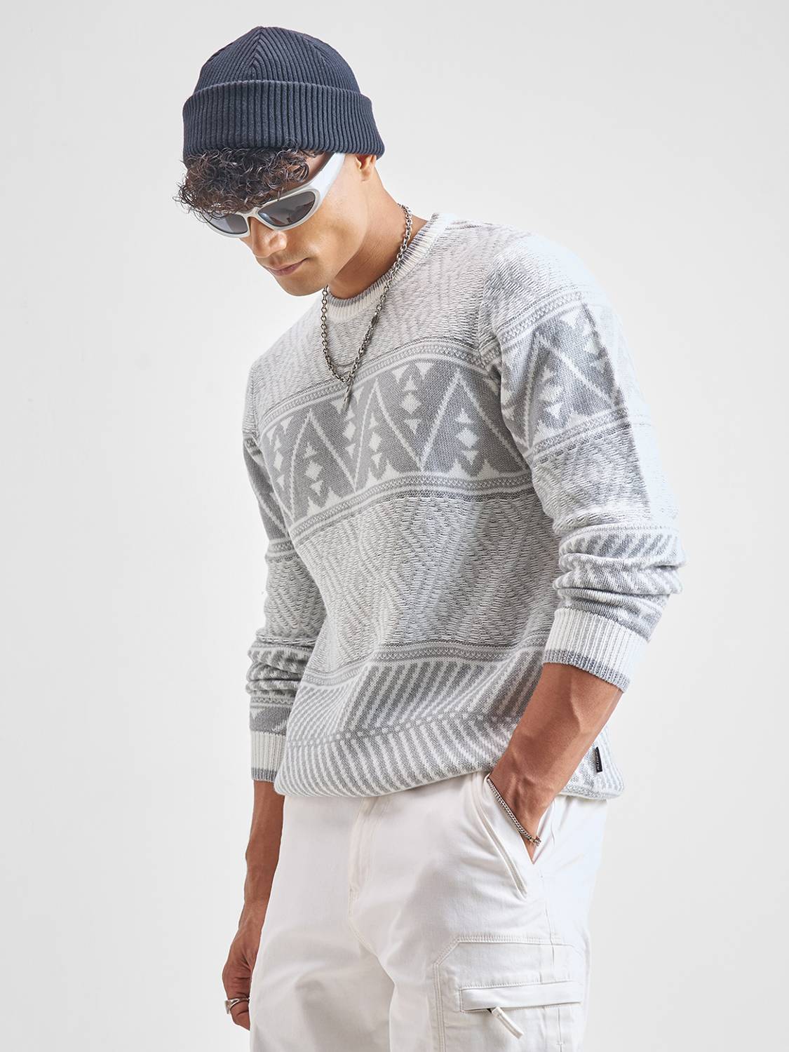 HIGHLANDER Men White Round Neck Casual Sweater - Image 4