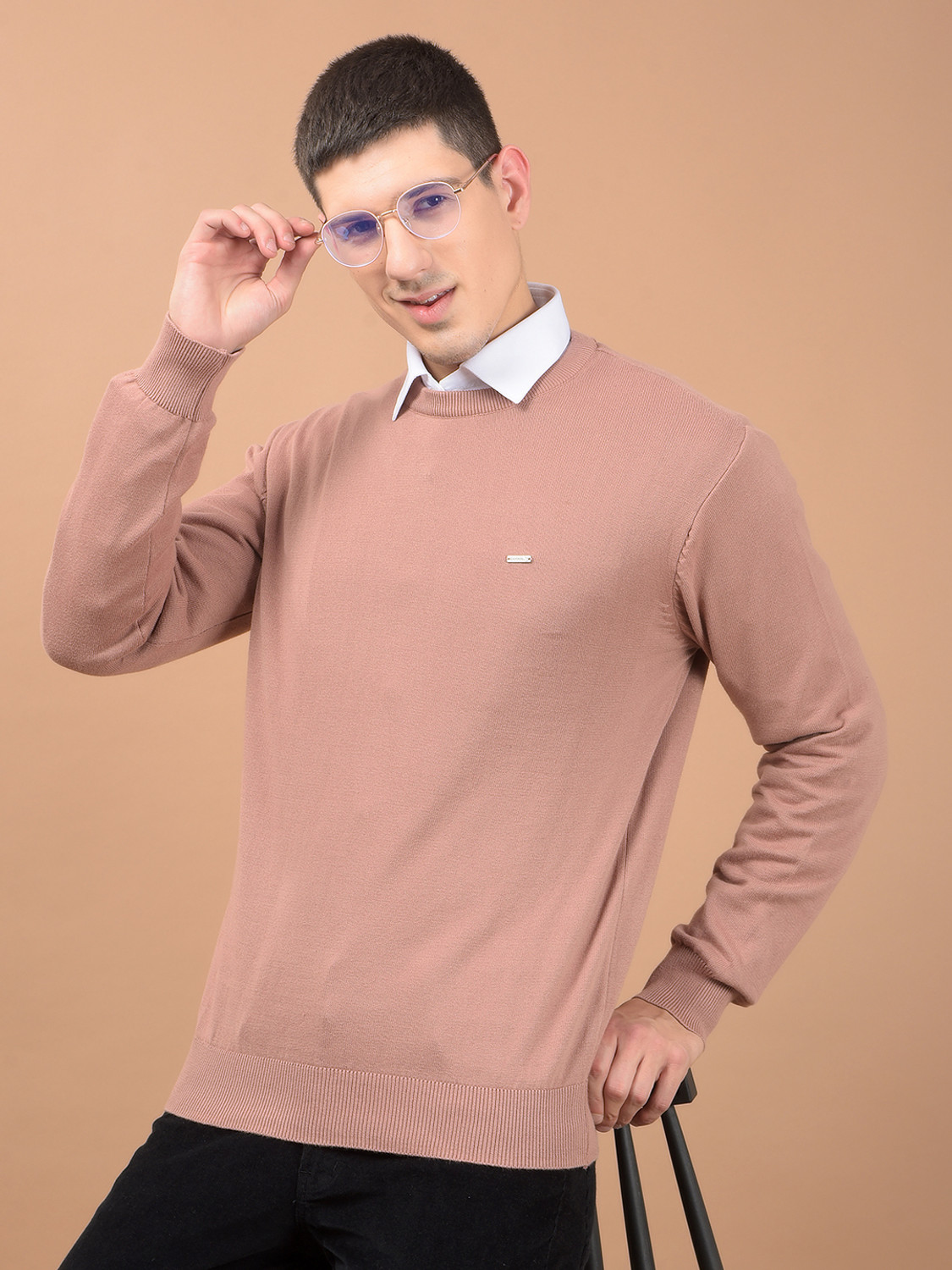 Image of CANTABIL Solid Round Neck Casual Men Pink Sweater