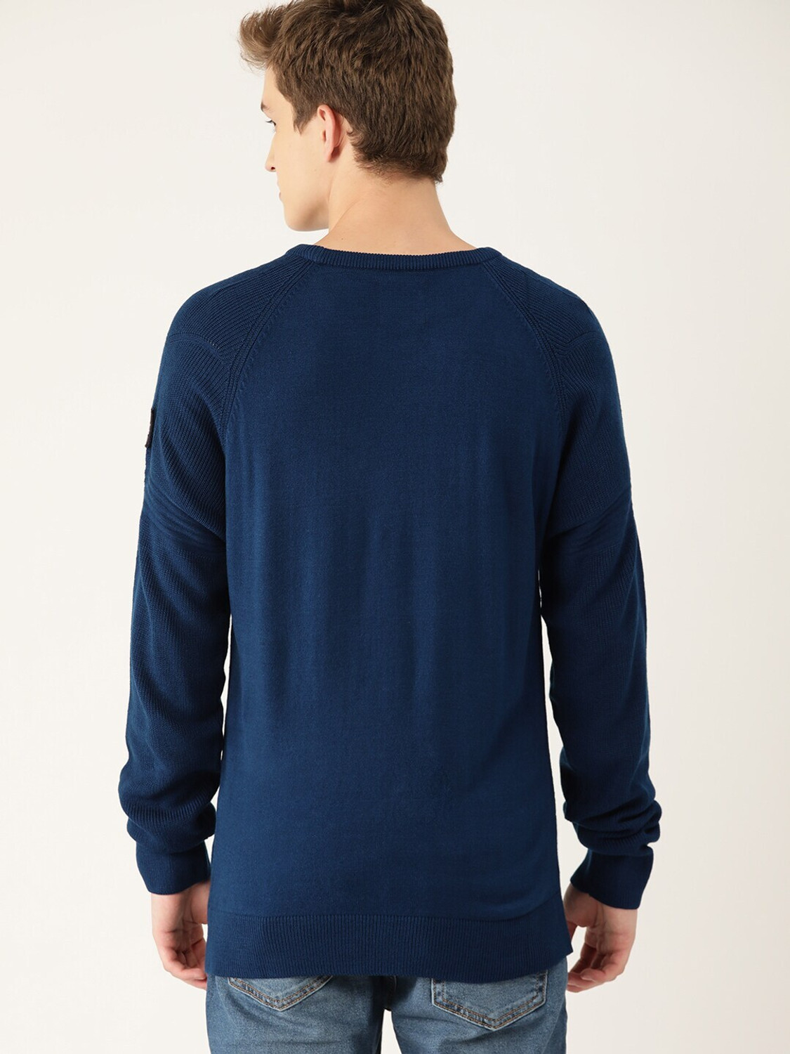Image of Mast & Harbour Men Solid Round Neck Blue Sweater