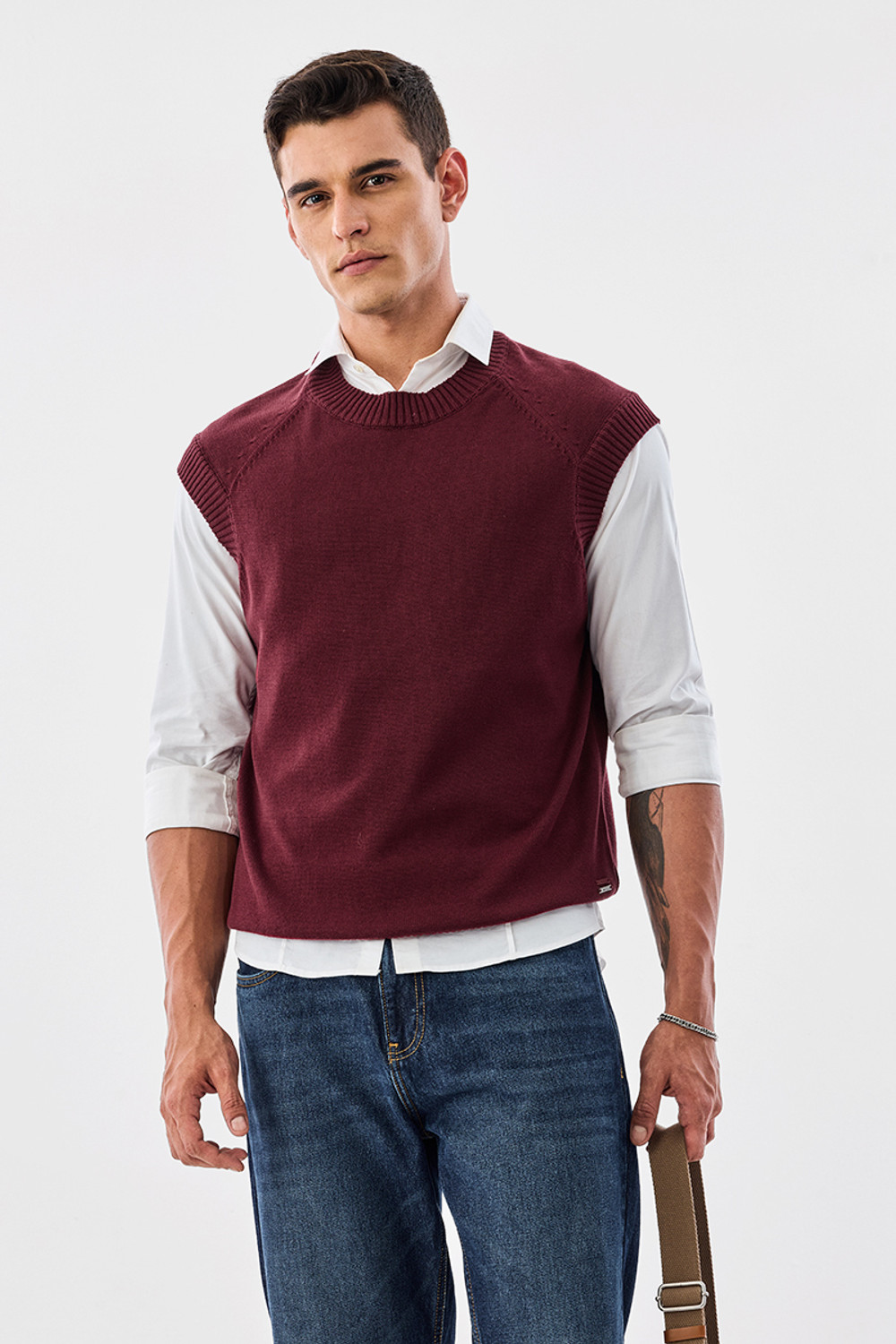 Image of Snitch Men Solid Crew Neck Maroon Sweater