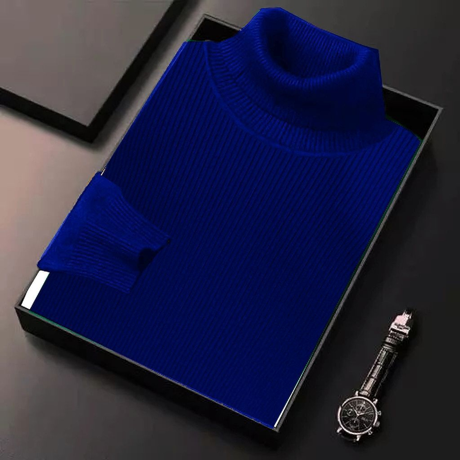 Image of Jalapeno Solid High Neck Casual Men Blue Sweater