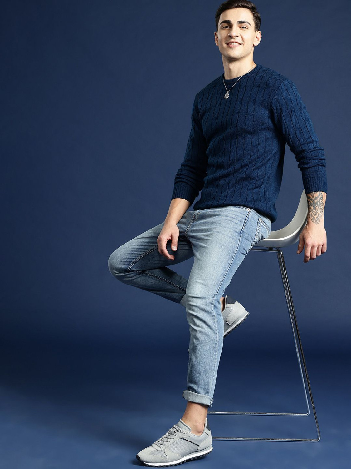 Image of Mast & Harbour Self Design Round Neck Casual Men Dark Blue Sweater