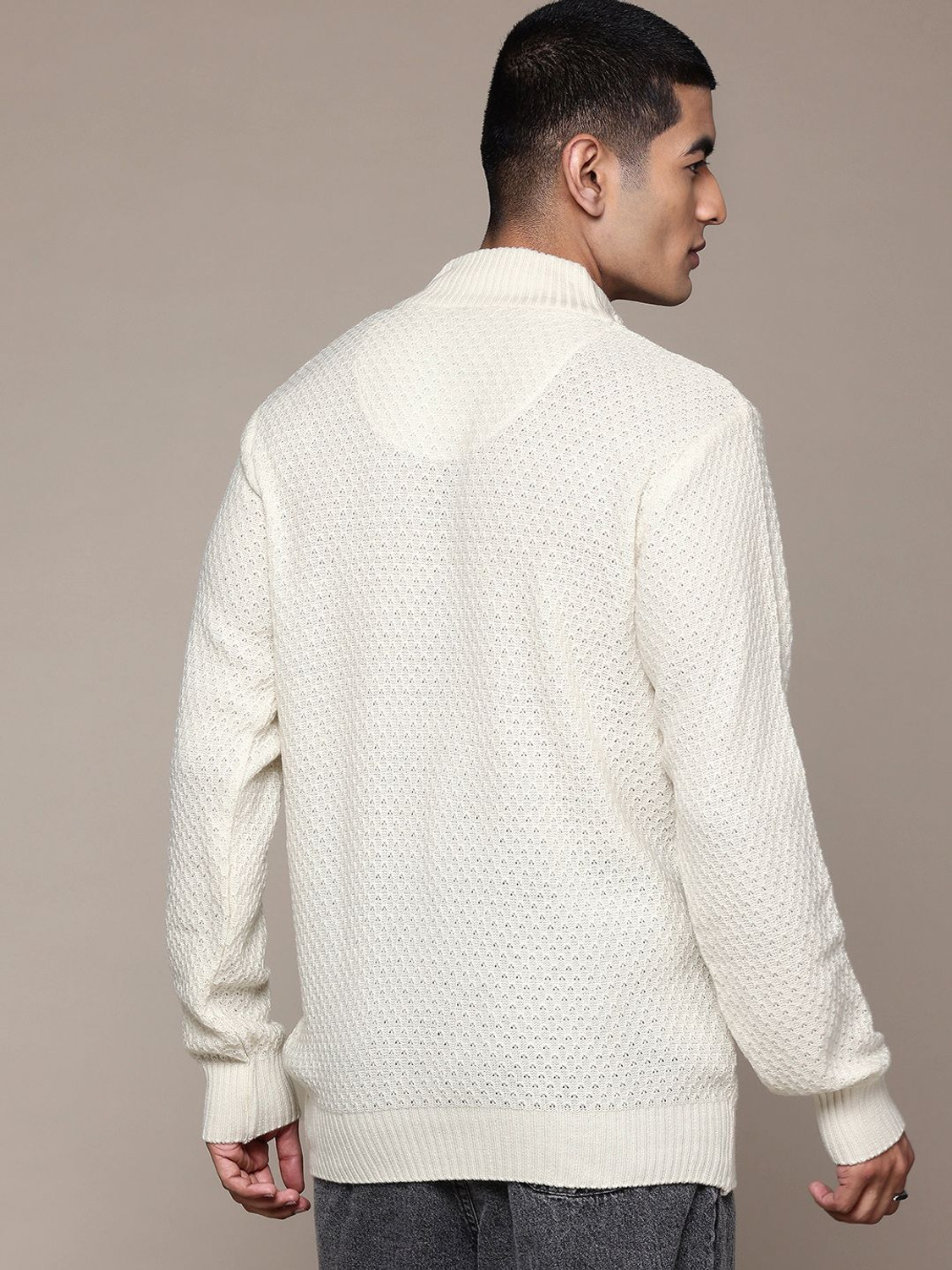 Image of Roadster Self Design High Neck Casual Men White Sweater